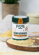 Fuchs Gewürze - Senfkörner gemahlen - für die Zubereitung von Rubs, zum Verfeinern von Suppen und Saucen - přírodní složky - 45 g v wiederverwendbarer, recyclebarer Dávka