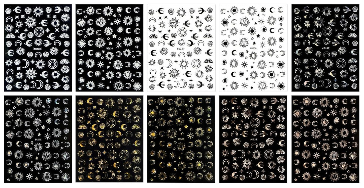 JMEOWIO Nálepka na nehty Mond Stern Sonne 10 Blatt Nálepka na nehty Selbtklebend Nagelaufkleber Bunt Dekoration Nageldesign Zubehör