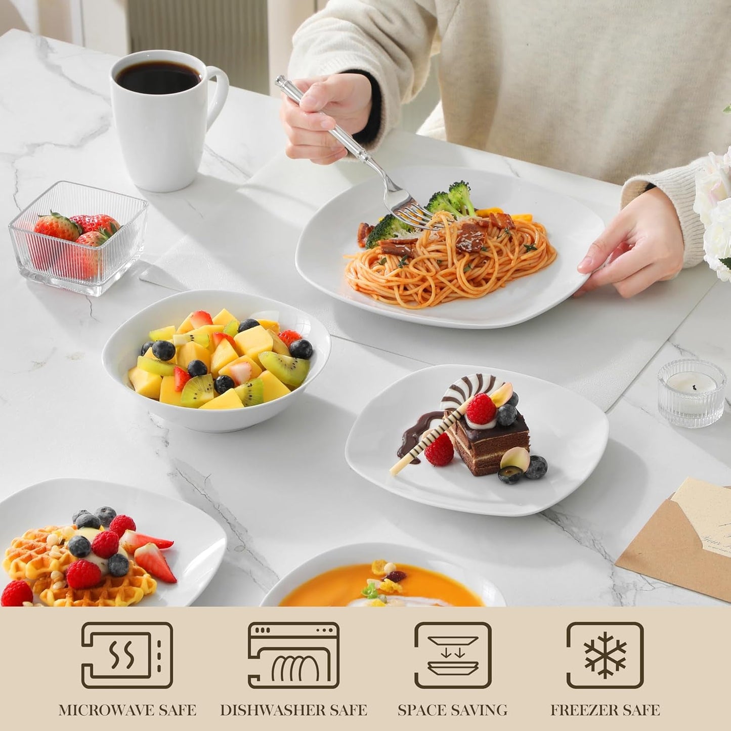 Sada nádobí MALACASA pro 4, 16dílné bílé porcelánové nádobí, moderní sada nádobí se 4 talíři, dezertními talíři, talíři a šálky Suma, řada ELISA