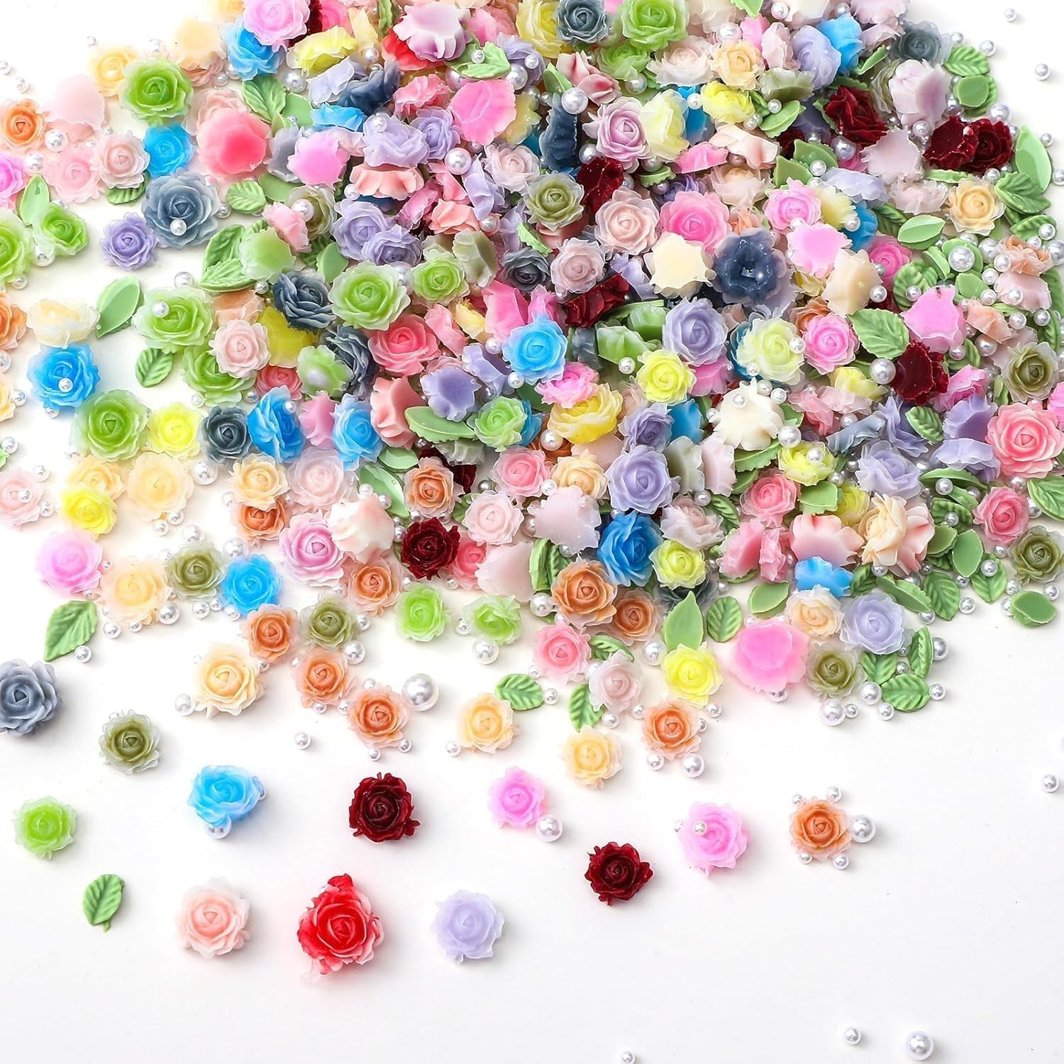 300 Stück Niedlich Blume Přívěsky na nehty, 3D pryskyřice Květinová Camelie Rose Nägel Charms Mit Perle, Gemischt Größe Bunte Flower Nägel Deko Für Frauen Nail Art Zubehör