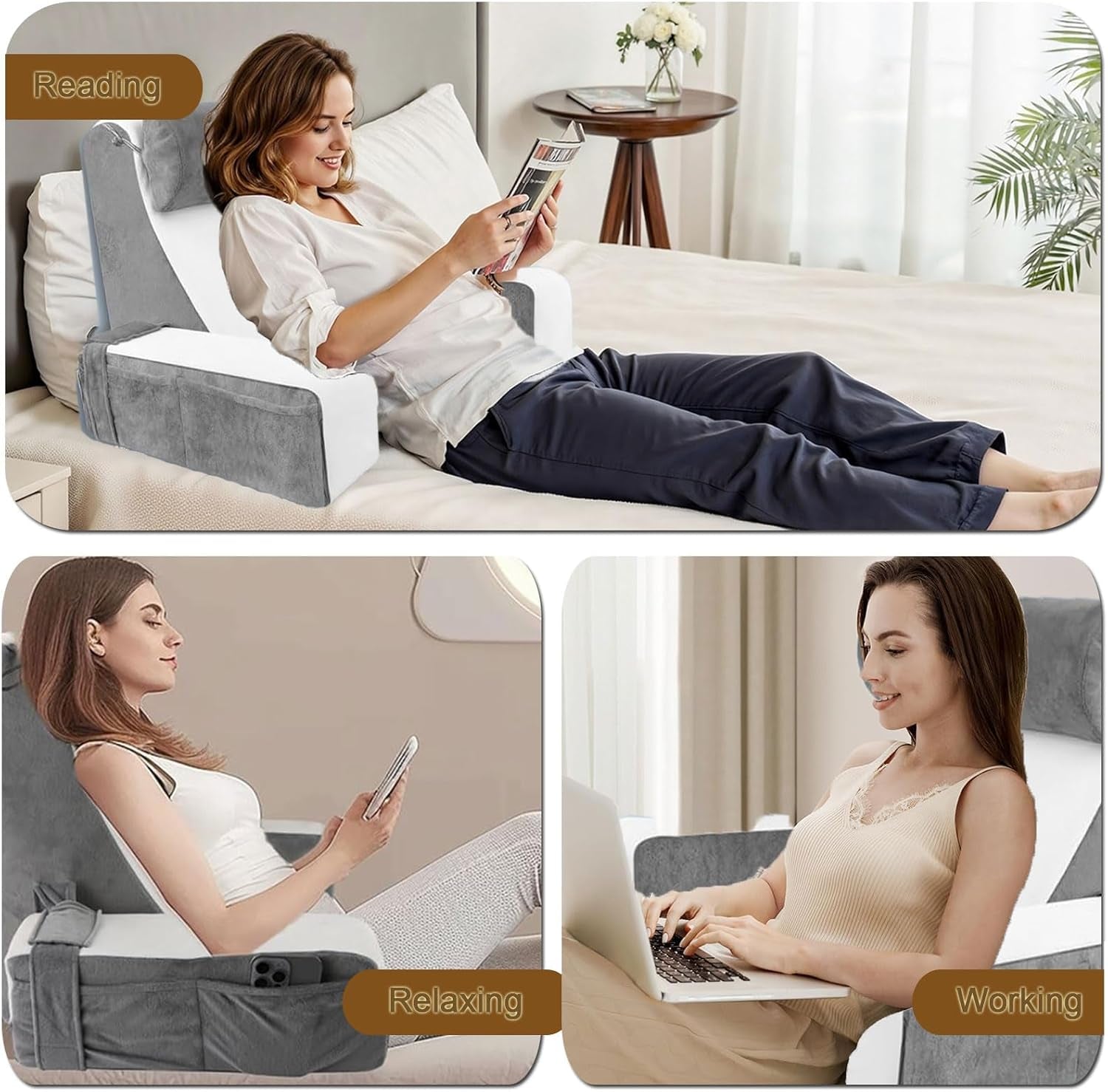 Velký polštář na čtení na postel a pohovku, polštář na záda pro dospělé s podporou krku a područkami, ergonomický polštář na opěradlo s kapsou a pratelným potahem pro odpočinek, čtení, sledování televize (WH)