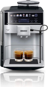 Siemens EQ.6 plus s300 automatický espresso kávovar TE653501DE, pro mnoho kávových specialit, napěňovač mléka, keramický mlýnek, dvojitá funkce kávy, proti vodnímu kameni, automatické čištění párou, 1500 W, stříbrný