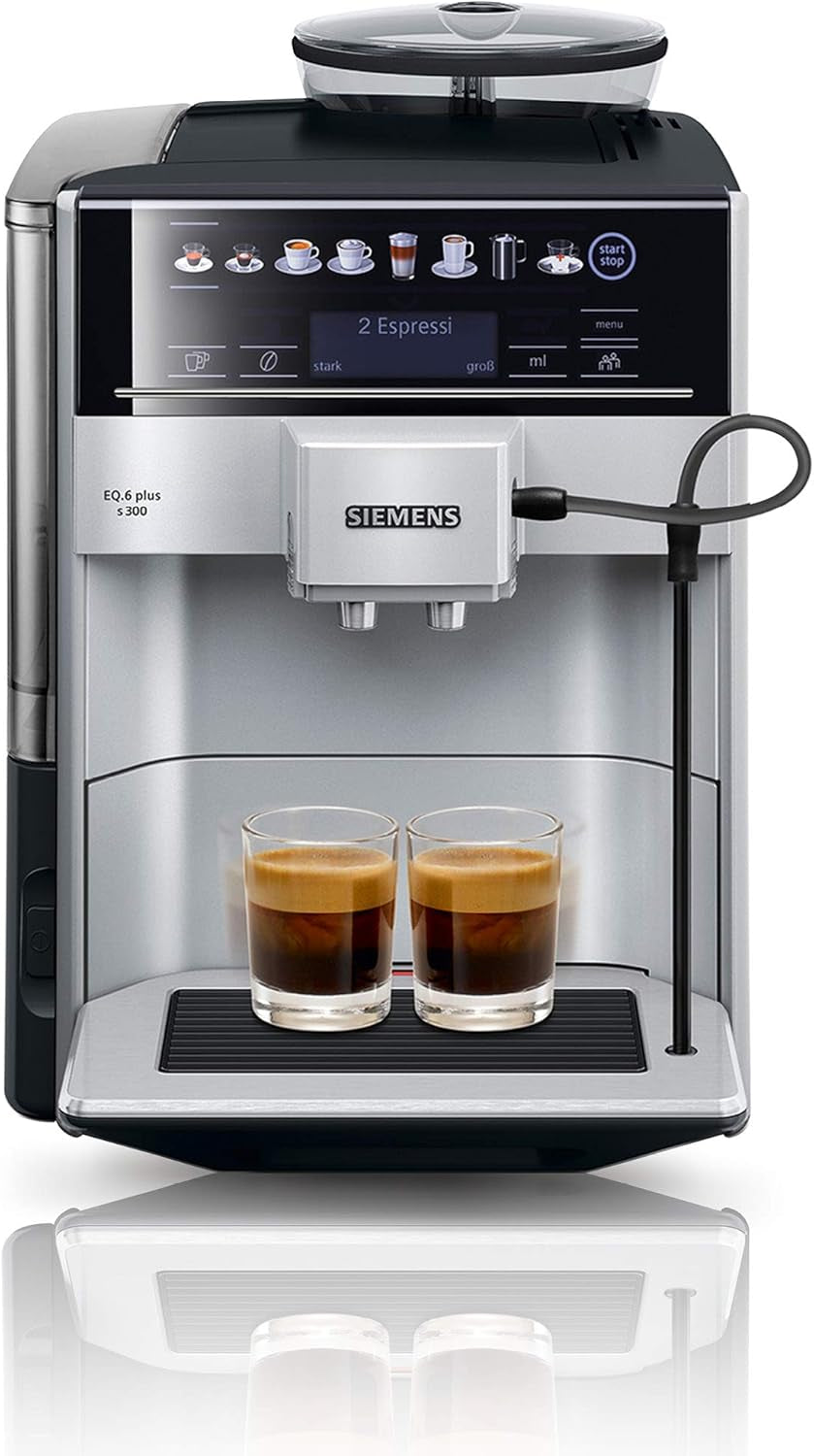 Siemens EQ.6 plus s300 automatický espresso kávovar TE653501DE, pro mnoho kávových specialit, napěňovač mléka, keramický mlýnek, dvojitá funkce kávy, proti vodnímu kameni, automatické čištění párou, 1500 W, stříbrný