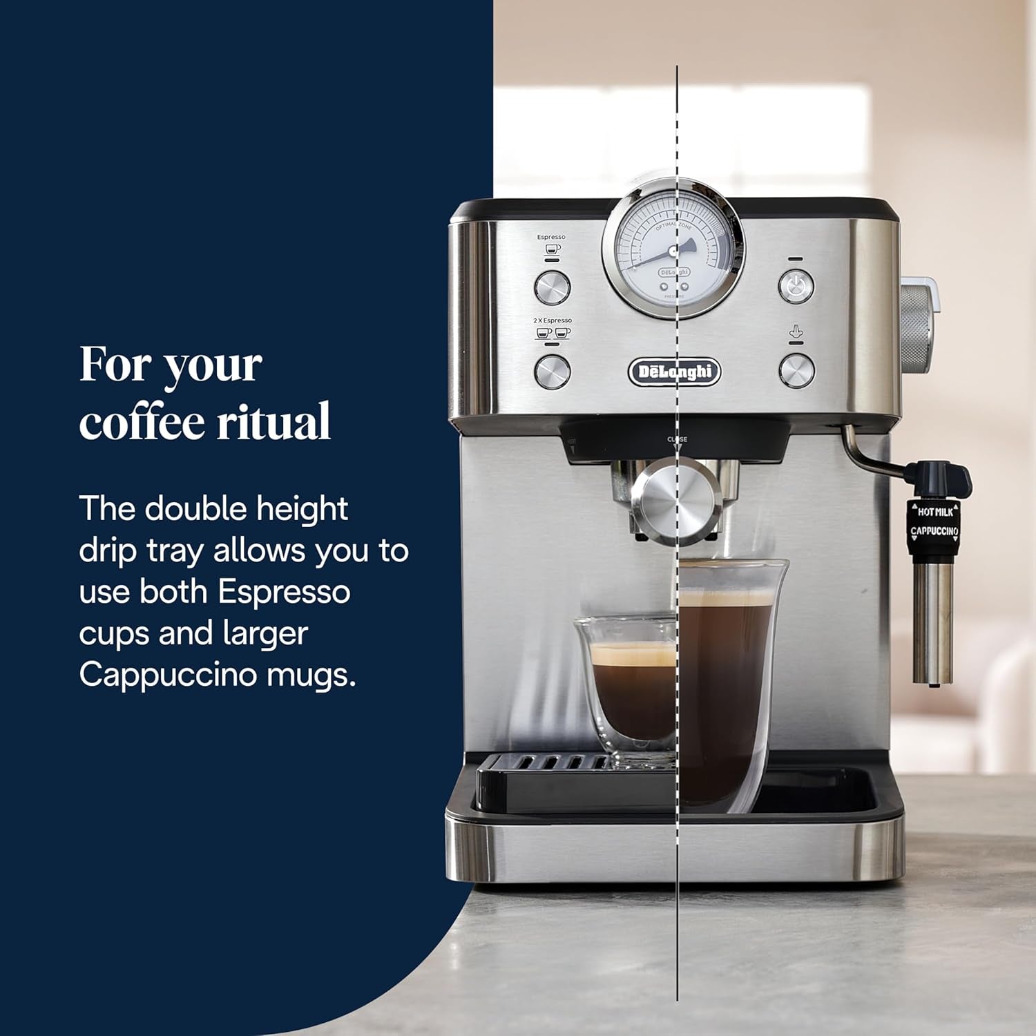 Portafiltrační espresso De'Longhi Classic EM450.M s profesionálním napěňovačem mléka, celokovové pouzdro, 15 bar, nádrž na vodu 1,7 l, nerezová ocel/kov