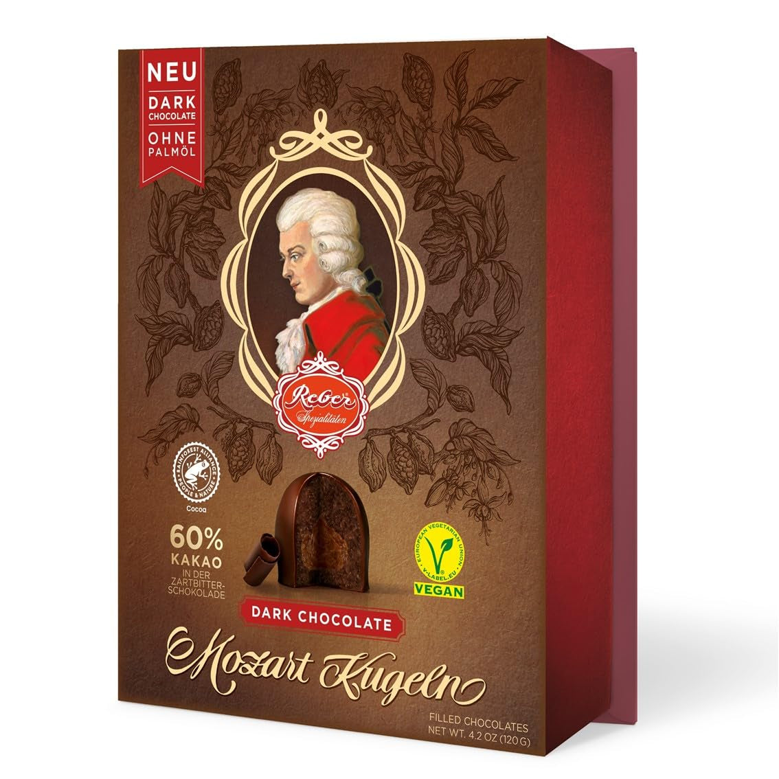 Reber Mozart kuličky s hořkou čokoládou, balení 6 ks s marcipánem a nugátem, veganské - 1 x 120 g
