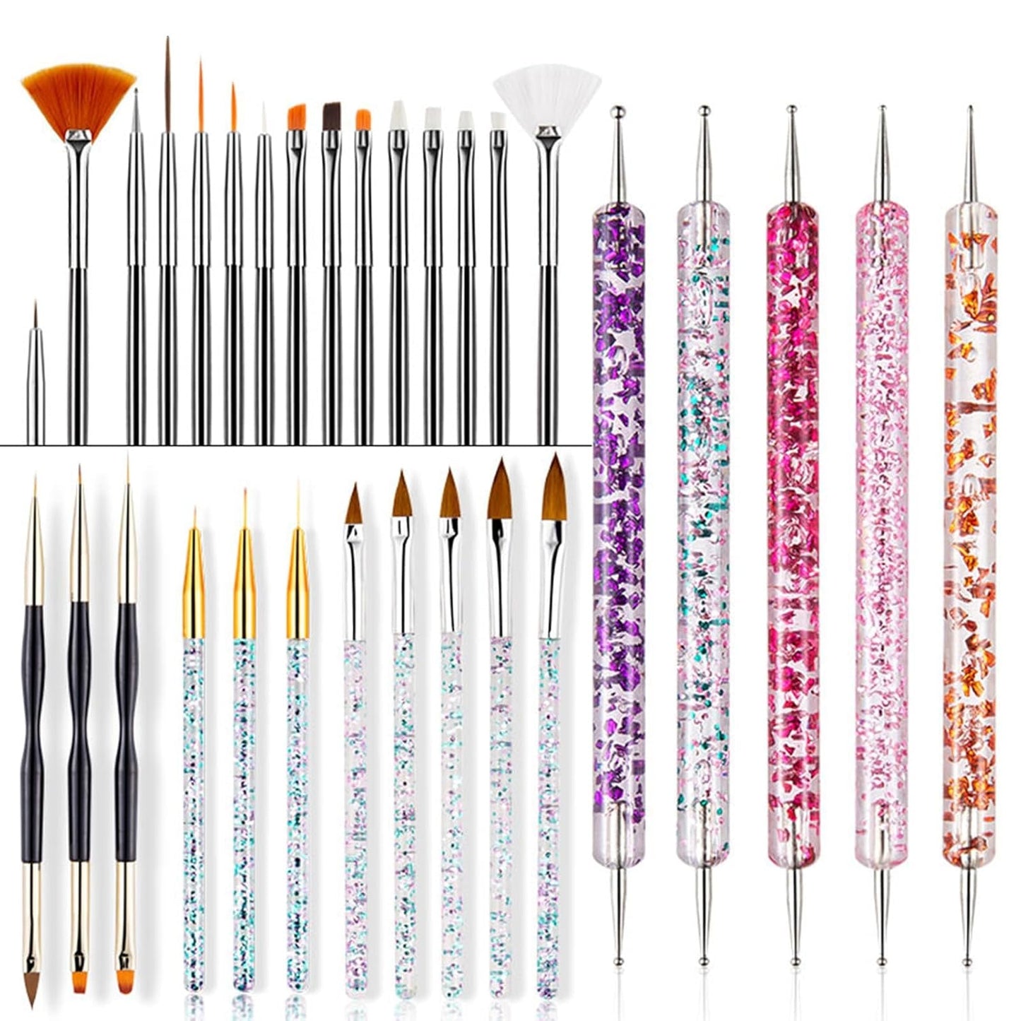 31 Stück Professionelle Nagel Pinsel Set, Nagelpinsel s dvojitým zakončením, Pinsel Für Gelnägel, Akrylové pero na zdobení nehtů, Nail Art Dotting Tools, Nail Brush Für DIY Nagelkunst Salon Design