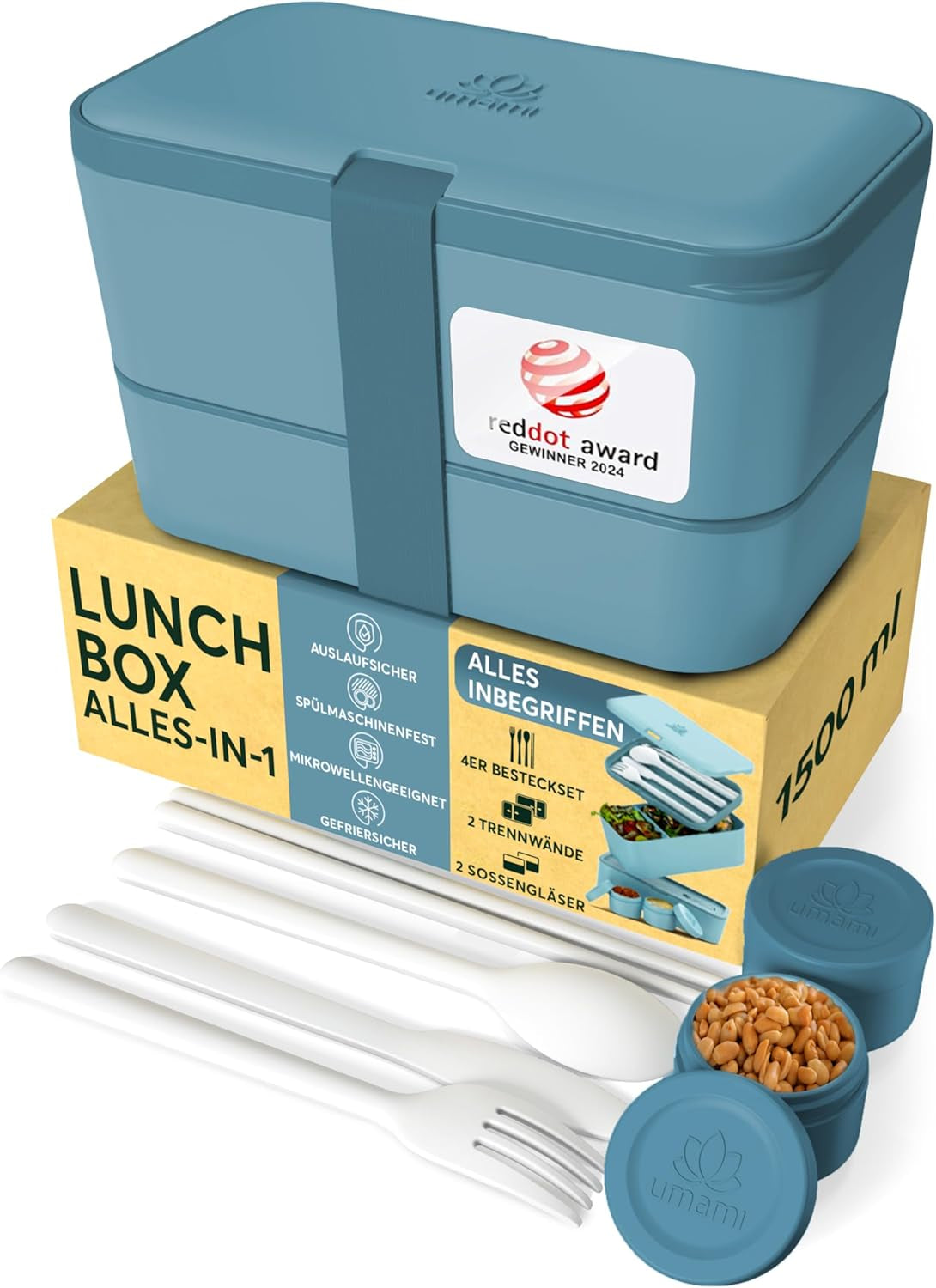 Umami Lunch Box pro dospělé, Netěsný stohovatelný Bento Box se 4 příbory a přihrádkami, Box na oběd pro dospělé, To-Go Zásobník na salát, Piknik / Kancelář Lunch Box, Charcoal Grey, 1500 ml
