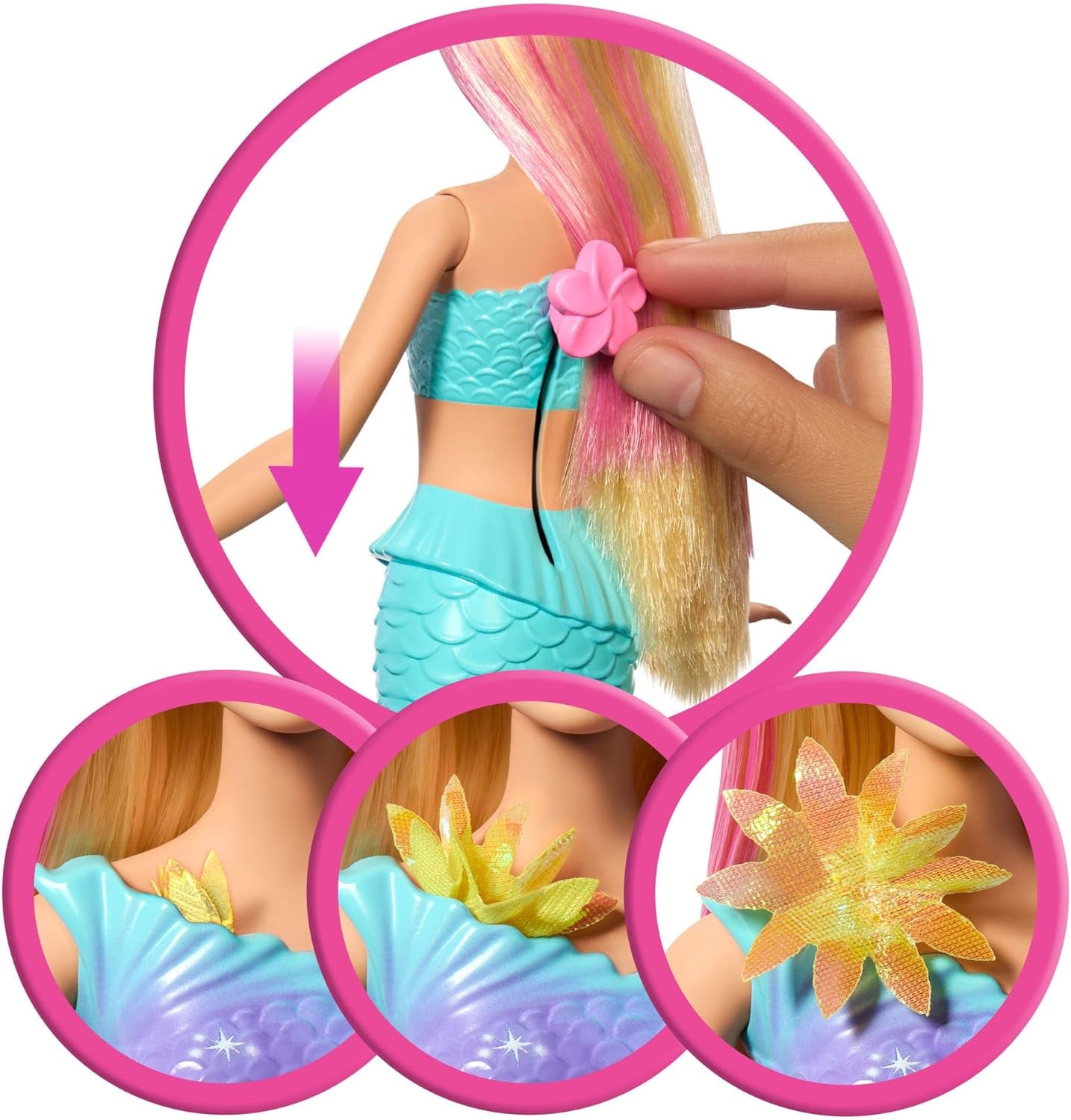Barbie Meerjungfrauen-Spielzeug Puppe s magischer Überraschungs Blüte, Schwanzflosse mit Farbverlauf, perlenbesetzten Haarreif und langem blonden Haar mit rosa Strehchen, JDM72
