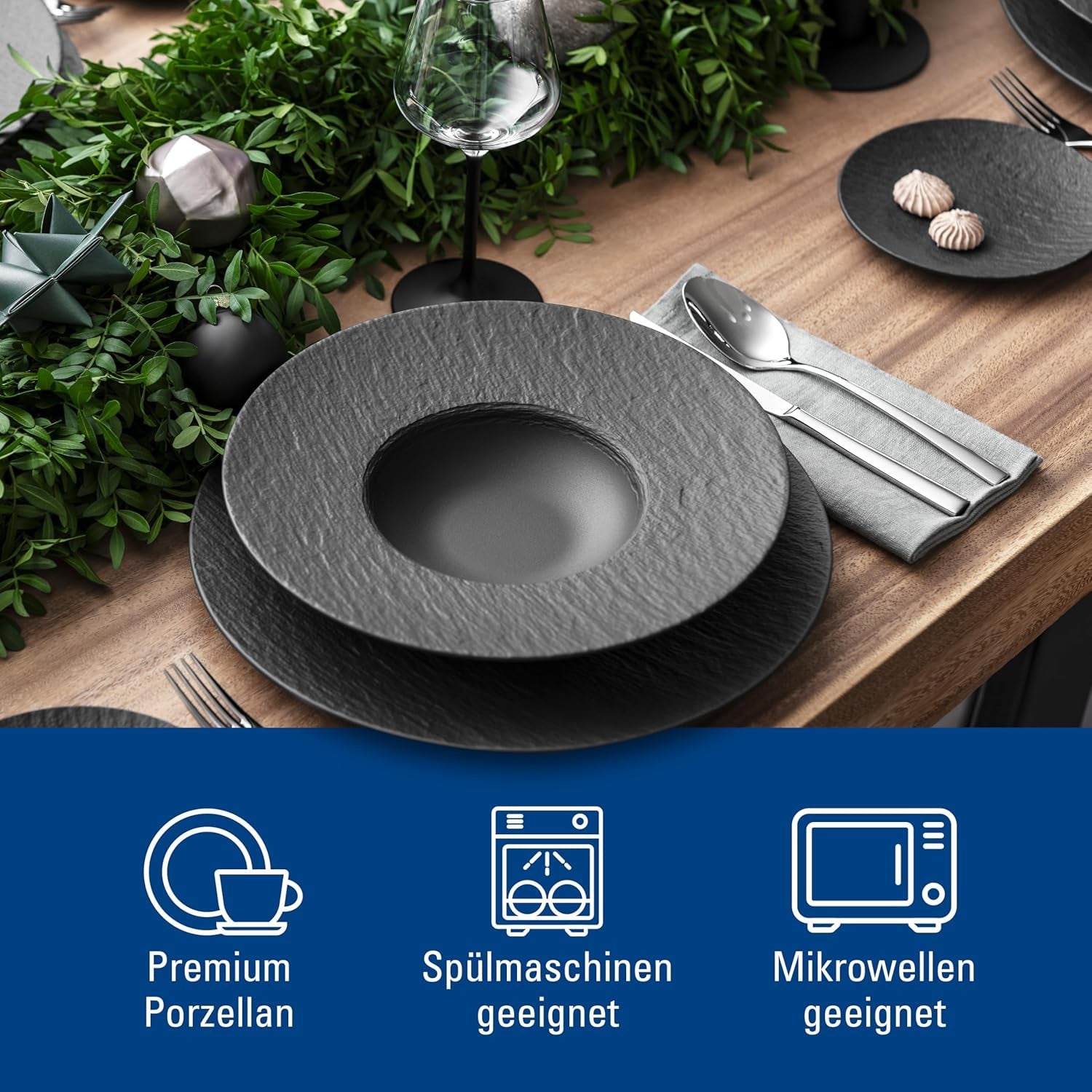 Villeroy & Boch – Manufacture Rock Dinnerware Set, 6 kusů, Dinnerware Set for 2, Premium Porcelain, Black
