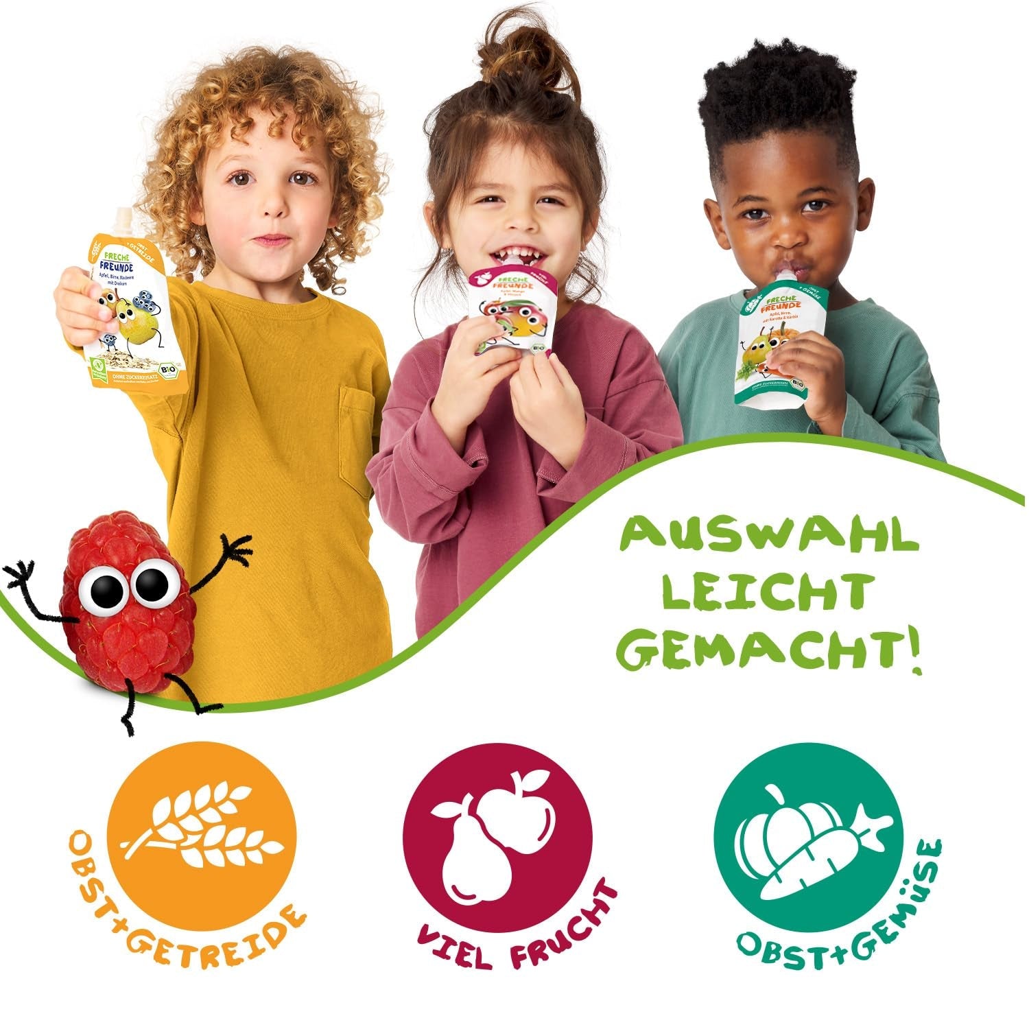 FRECHE FREUNDE Bio lisovatelný ovocný sáček s jablky, jahodami, červenou řepou a mrkví, ovocným a zeleninovým pyré v lisovatelném sáčku pro děti od 6 měsíců, veganské, balení 6 ks (6 x 100 g)