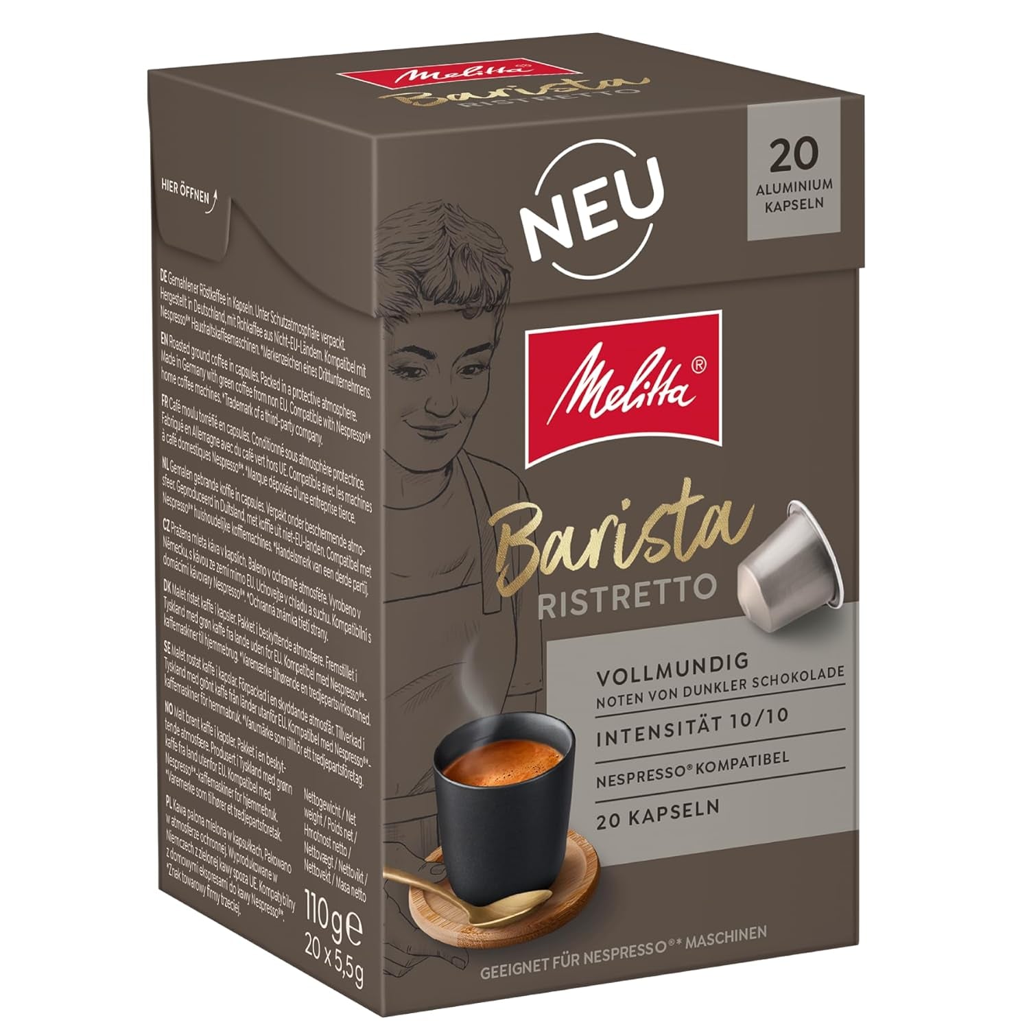 Melitta Barista Ristretto Kaffee-Kapseln 20 kusů je 5,5 g, gemahlen, v porcích pro Nespresso*-Maschinen, Vollmundig, Noten von dunkler Schokolade