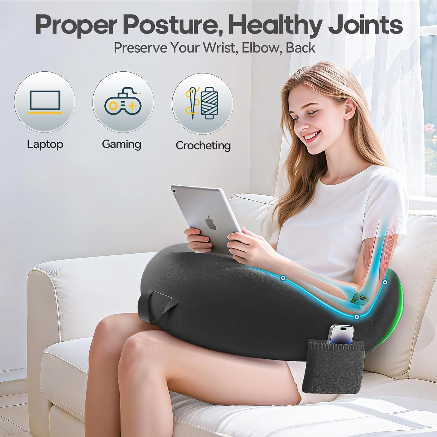 Polštář na hraní a čtení, Polštář na čtení na postel/gauč/na podlahu, Polštář na krmení/háčkovaný polštář s velkým ergonomickým herním polštářem, Polštář pro hráče pro iPad/Laptop – černý