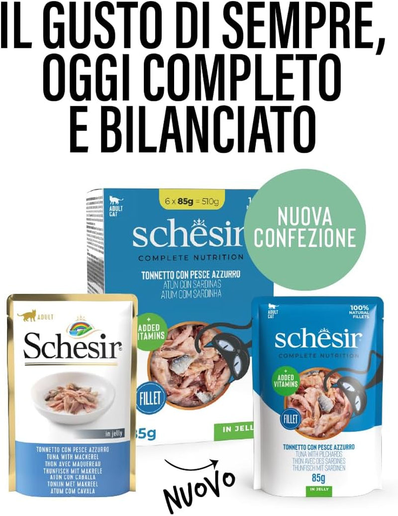 , Tuňák s modrou rybou v želé, kompletní mokré krmivo pro kočky, v sáčku, s dalšími vitamíny, 100% přírodní, 6 x 85 g