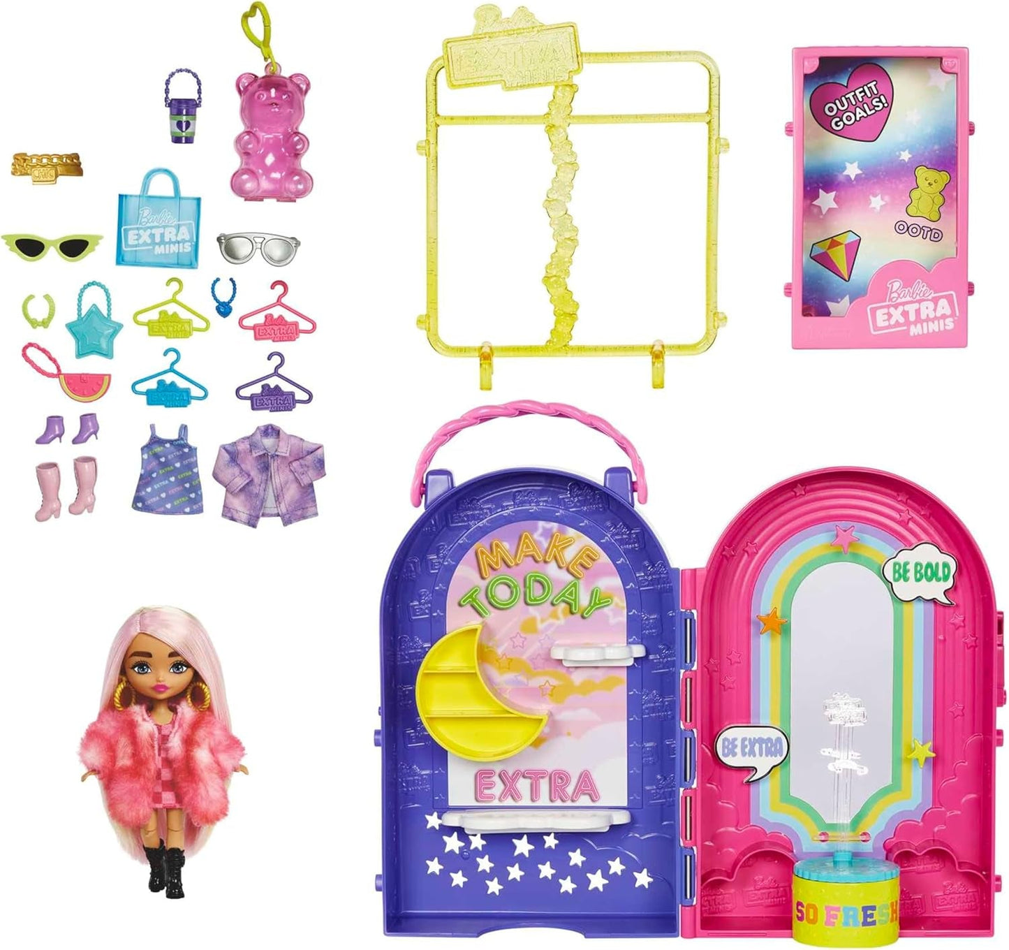 Barbie Extra mini, extra mini panenka a butiková herní sada, skříň se skříňkami, police, zrcadla, platforma 360, extra mini panenka s doplňky v růžových vlasech, HHN15