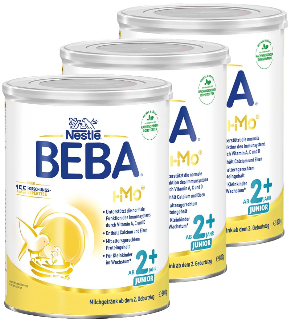 BEBA Junior 2+ mléčný nápoj od 2 let, S HMO, Obsah bílkovin odpovídající věku, Pouze laktóza, Bez palmového oleje, Bez rybího tuku, Výživa pro batolata, Sušené dětské mléko, Balení 3 ks (3 x 800 g)