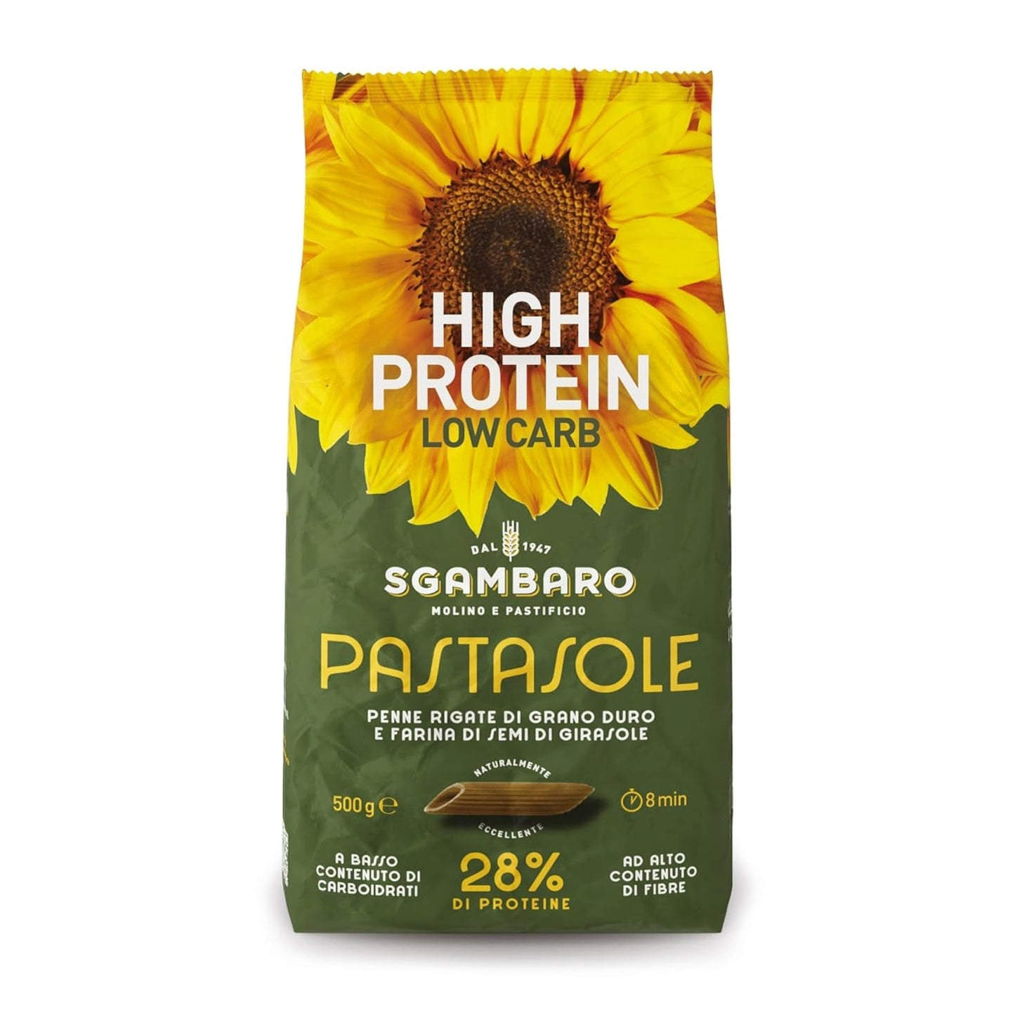 PASTASOLE , Penne Rigate mit Hartweizengrieß aus 100% italienischem Anbau und Sonnenblumenkernmehl - 500 g - vysoký obsah bílkovin, nízký obsah sacharidů, vysoký balastní materiál