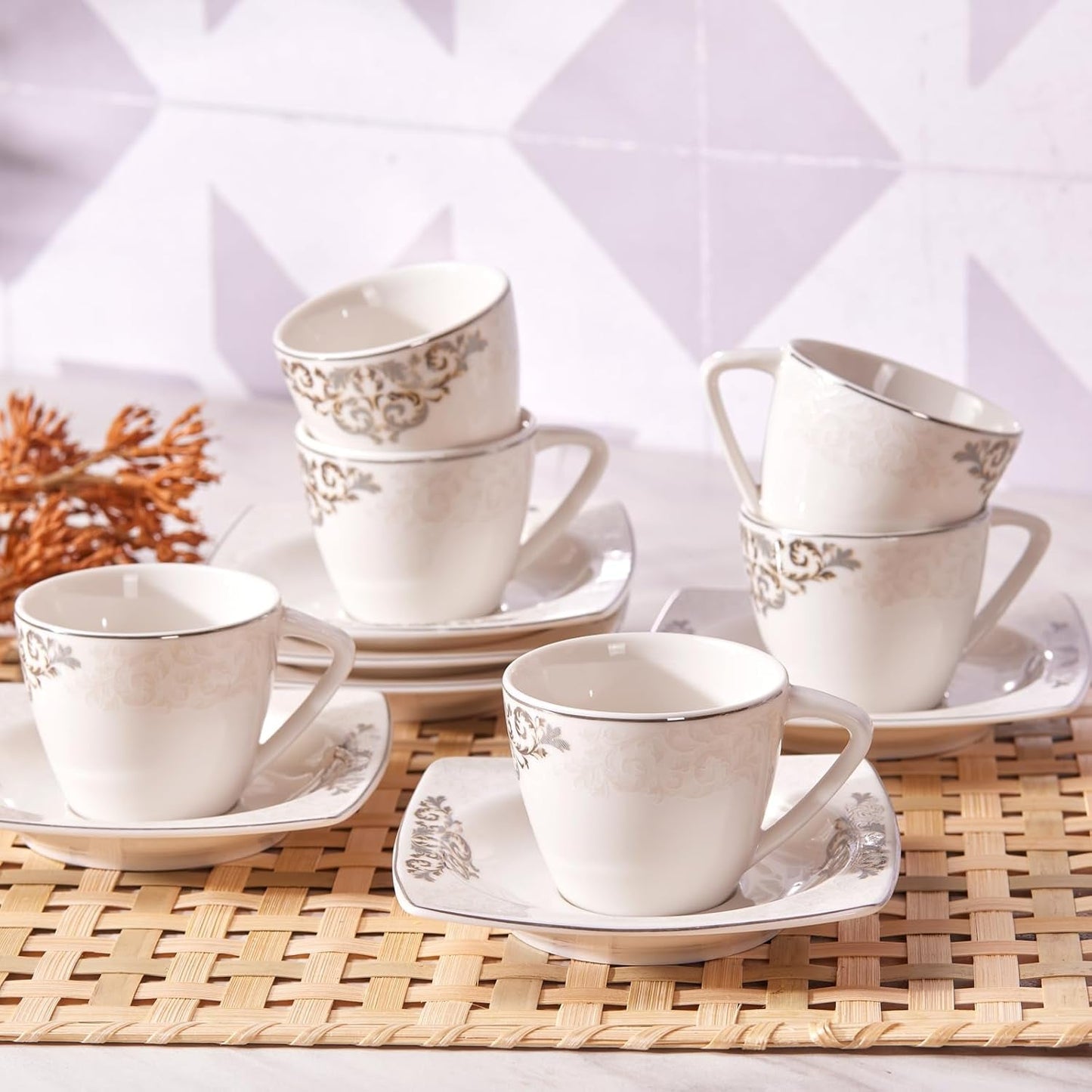Sada porcelánových šálků na espresso KARACA Nazende - 80 ml turecké šálky na kávu s podšálky, 12dílný moderní kávový servis se 6 šálky a 6 podšálky, mocha šálky - bílá