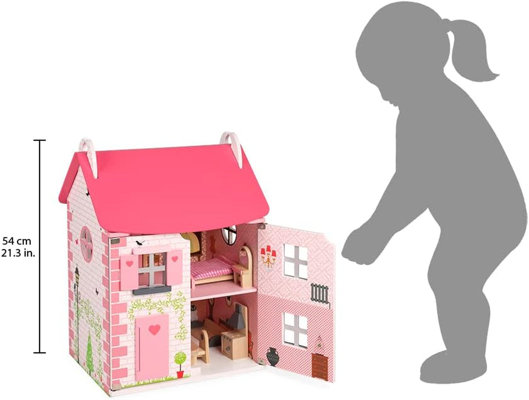 Janod - Dřevěný domeček pro panenky Mademoiselle, 3 patra a 11 doplňků, replika hračky, rozvíjí představivost, věk 3+, J06581, domečky pro panenky Pink Naty Shop