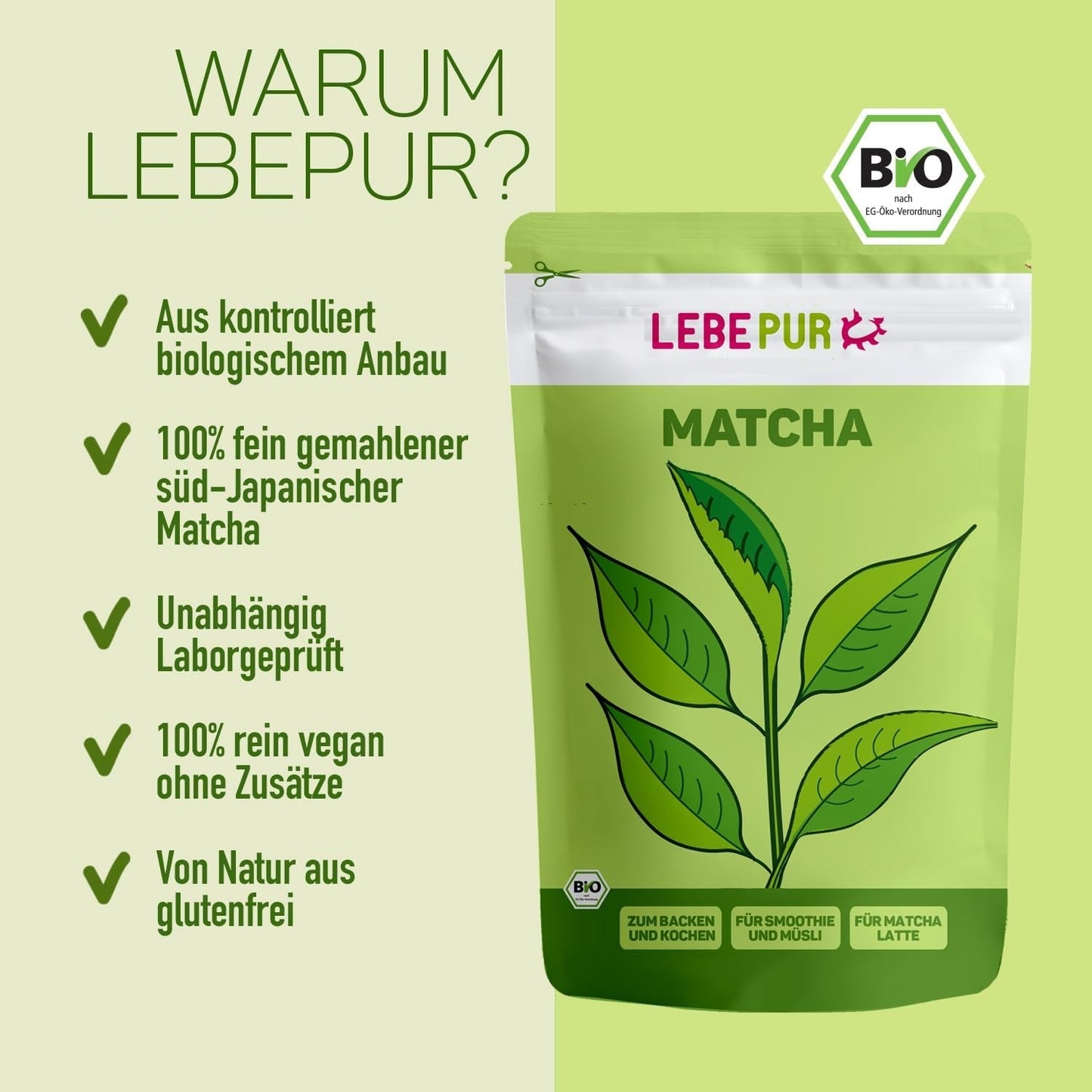 Lebepur BIO Matcha Powder 100G - Prvotřídní kvalita z Japonska Bez aditiv - 100% čistý prášek ze zeleného čaje pro Matcha Latte, Matcha Tea, Zelený čaj, Smoothie - Japonský zelený čaj