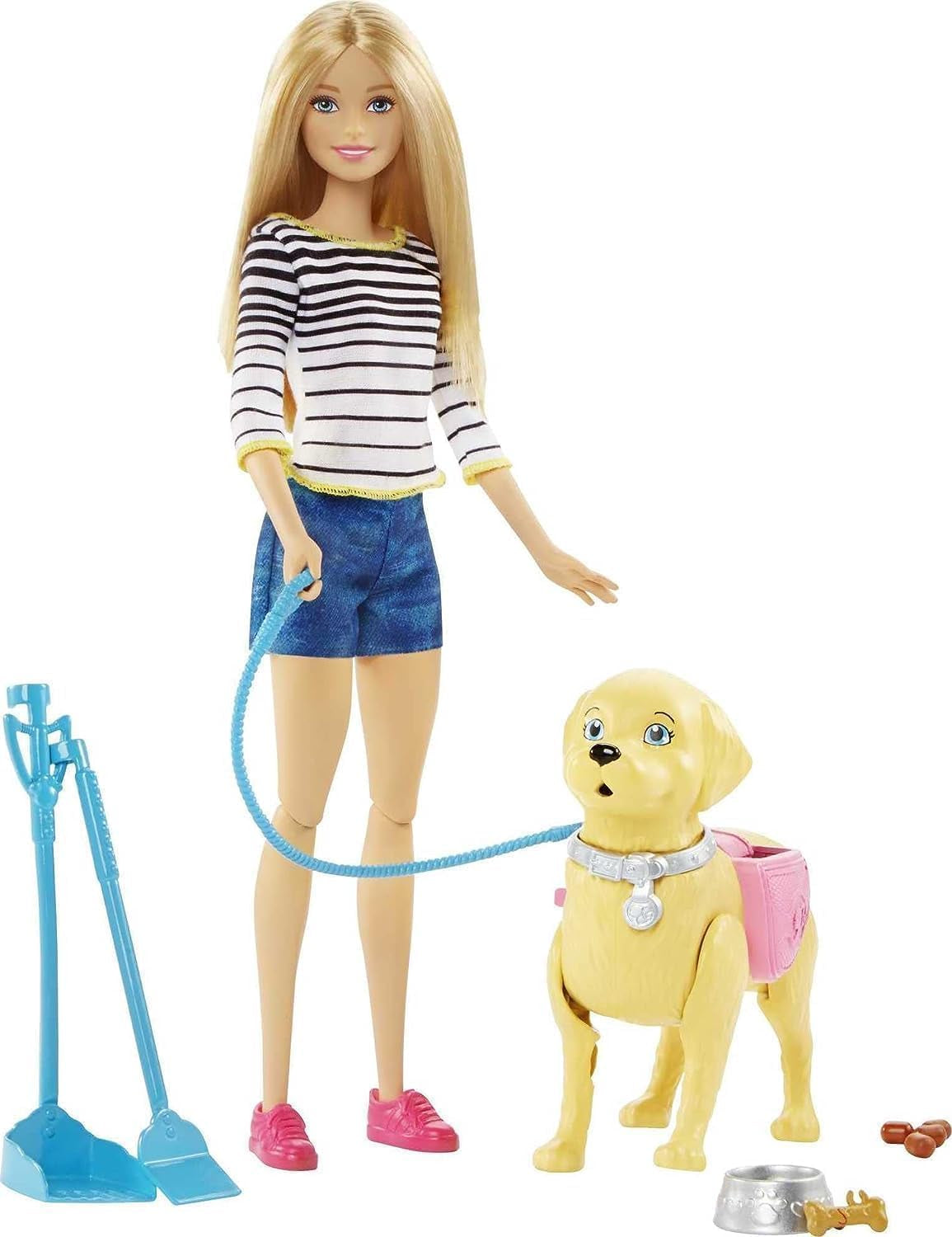 Panenka Barbie Walk and Nočník, Blond panenka s chodícím psem, Lžíce na hovínka, Doplňky včetně pejska pro panenku, Dárek pro děti, Hračka pro 3 roky a více, DWJ68
