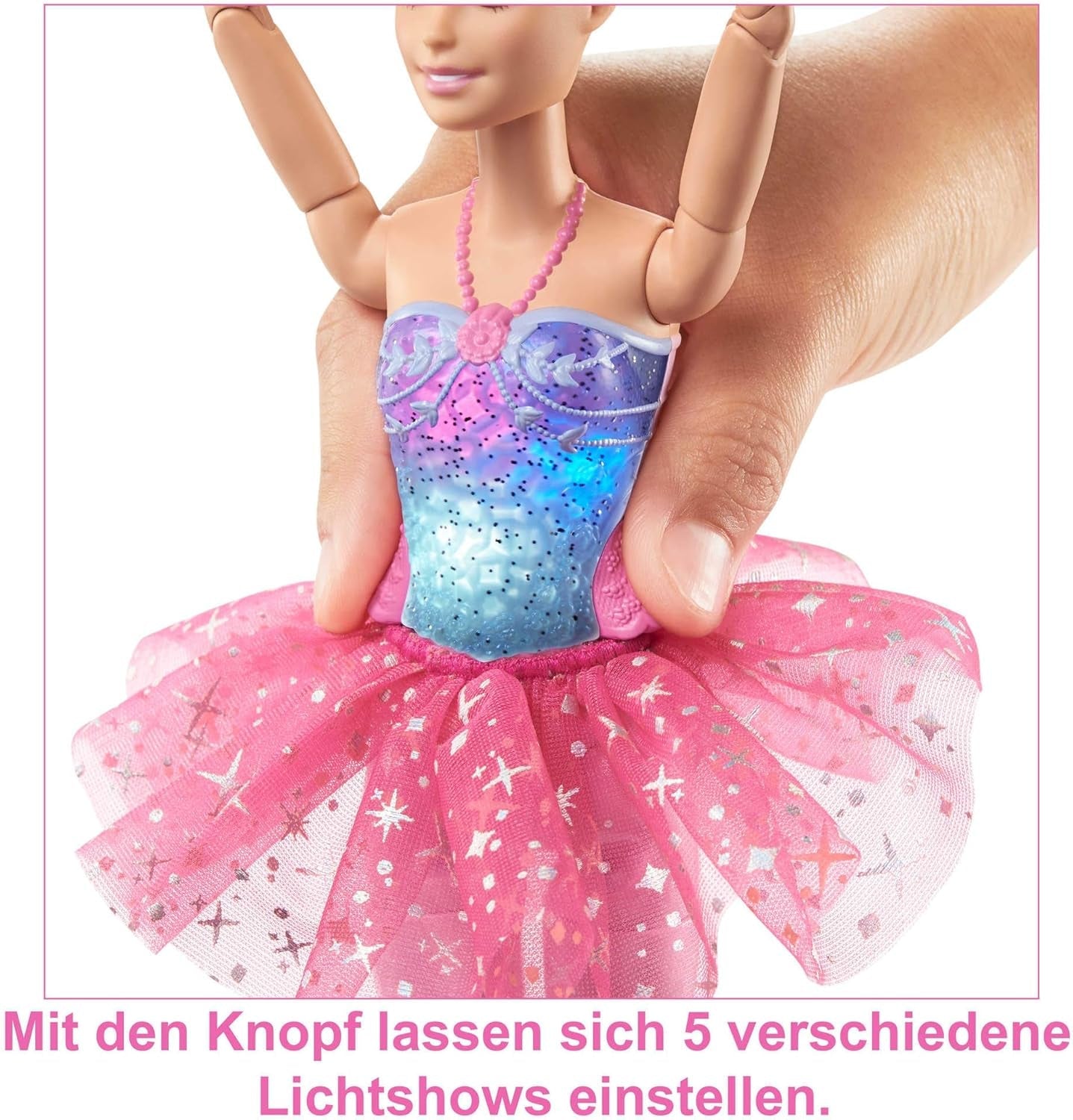 Barbie Dreamtopia Kouzelná balerína panenka se světly, růžovým tutu a blond vlasy, 5 světelných a zvukových efektů, polohovatelná Barbie, věk 3+, HLC25