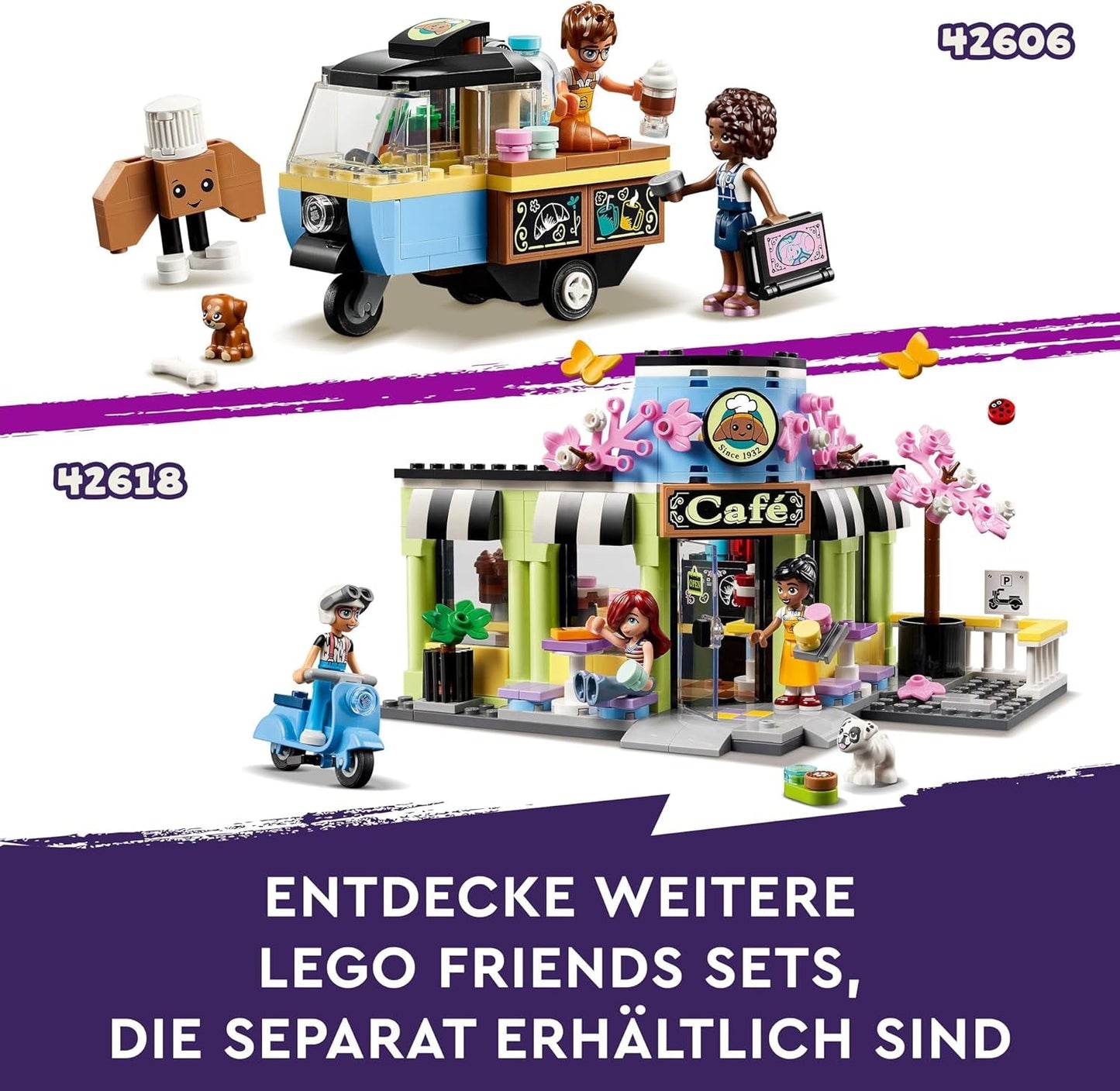 LEGO Friends kavárna v městečku Heartlake, dětská hračka, pekárna hraček, tip na dárek pro dívky a chlapce 6+, sada 3 hracích figurek a figurky psa 42618 Stavebnice Besuche den LEGO-Store