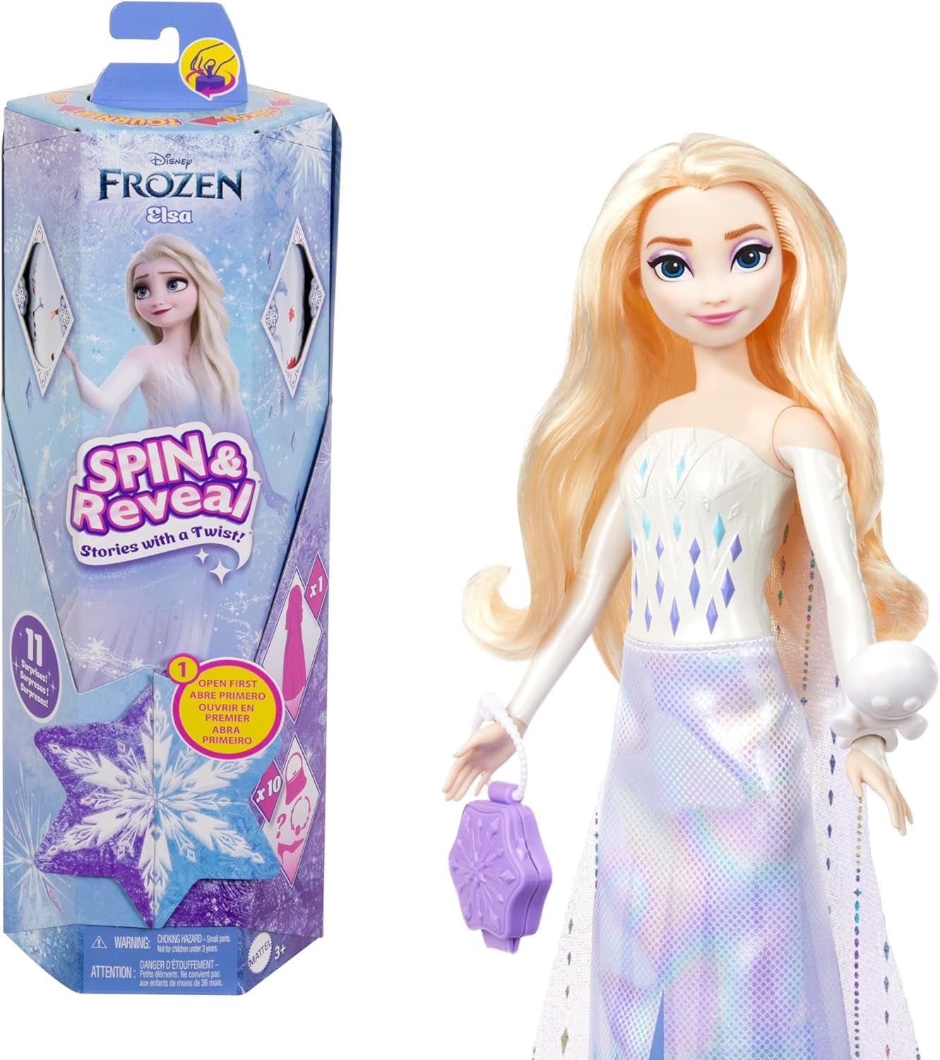 Mattel Disney Sada módních panenek Ice Queen Elsa, Spin & Reveal s 11 překvapeními, včetně 5 doplňků, 5 samolepek a scénky, inspirované Disneyho filmem, HTG25 Naty Shop Dolls Elsa Doll