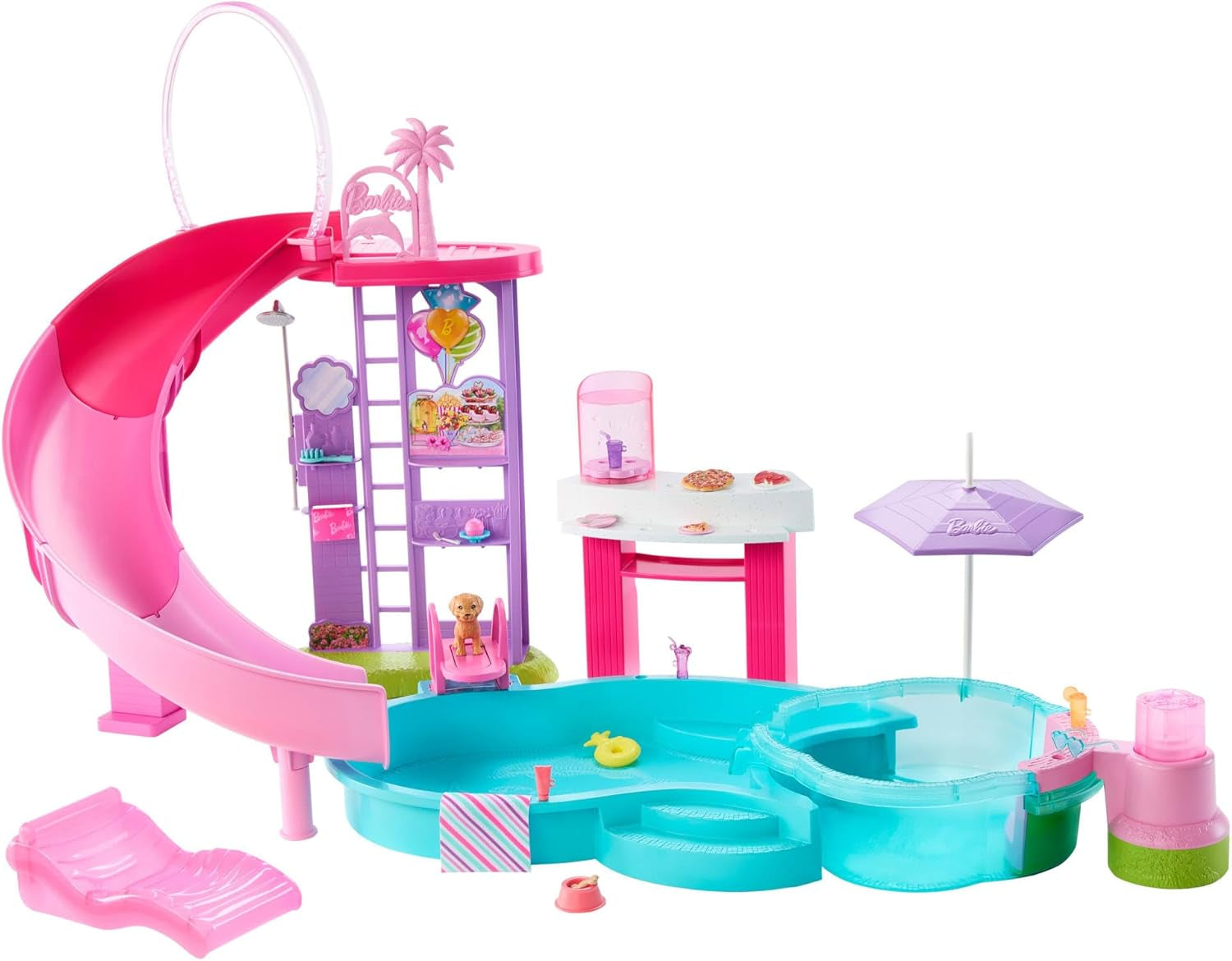 Hrací sada Barbie Dream Pool se šesti hracími plochami včetně skluzavky a jacuzzi, plus více než 20 doplňků, jako je domácí mazlíček, plovací kruhy a další, JKG83