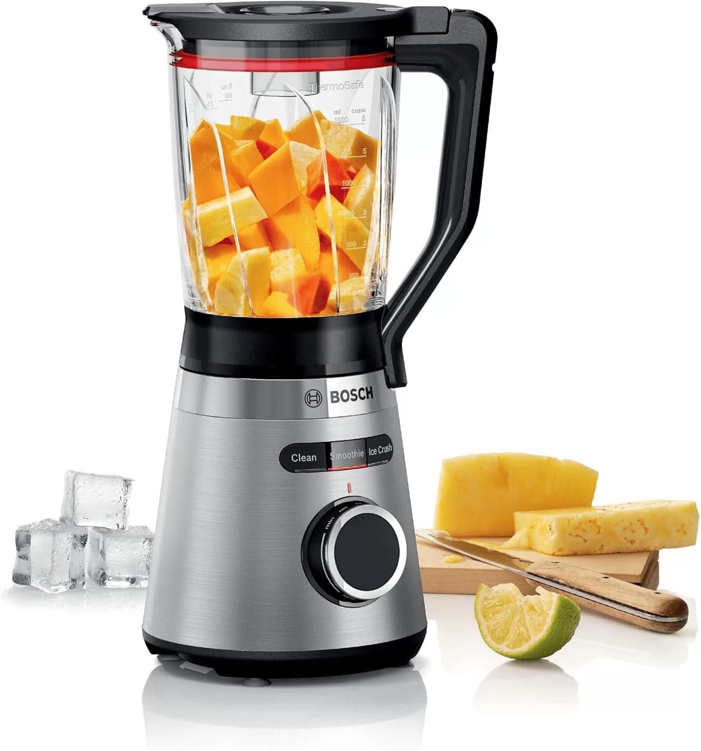 Bosch Standmixer Vitapower Serie 4 MMB6382M, Edelstahl-Klingen Made in Germany, 1,5L Thermosafe Glasbehälter, Stopfer, Sicherheitsdeckel, Spülmaschinengeeignete Teile, 30 000 U/Min, 1200 W, Shopstahl Kitchen Naty