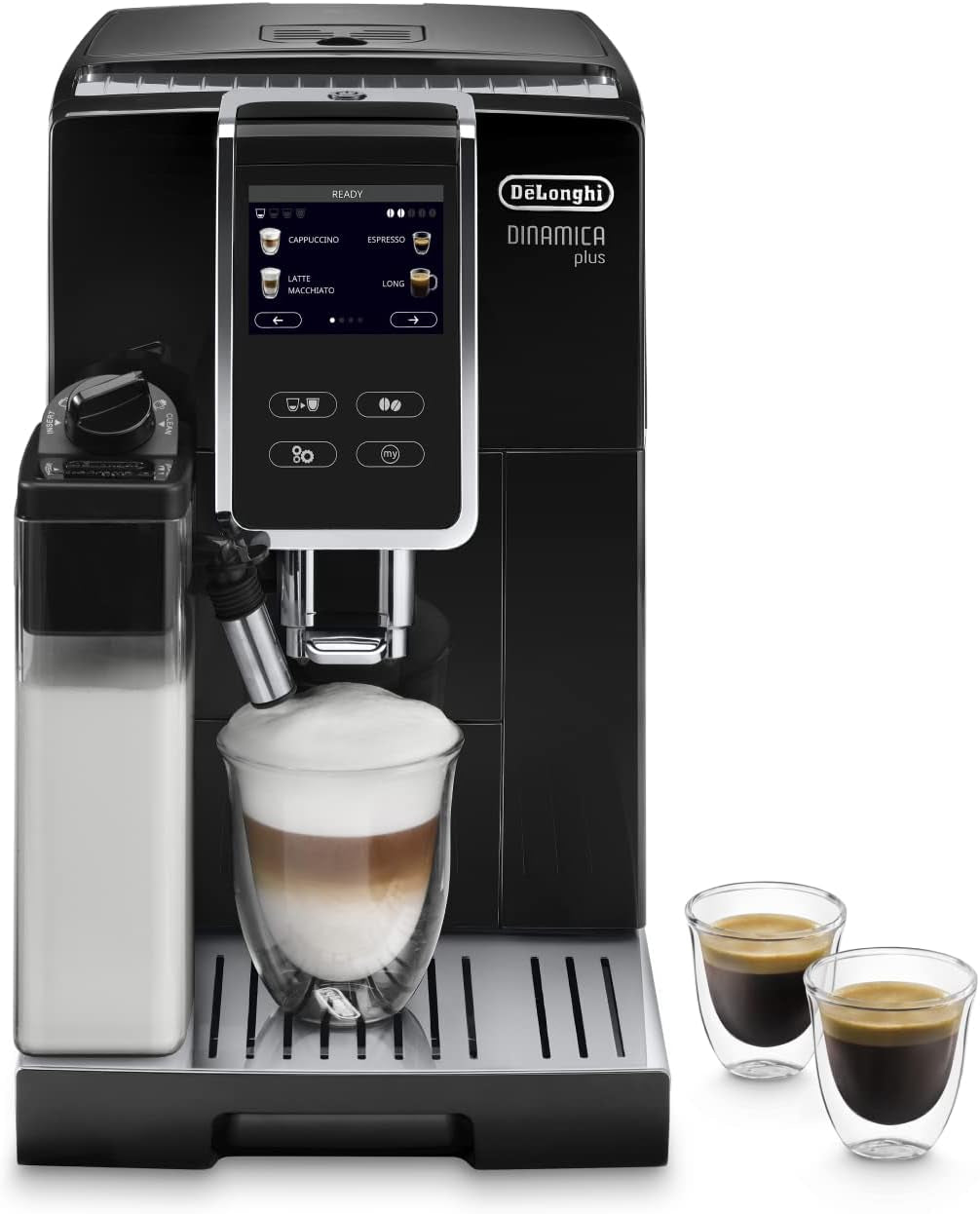 De'Longhi Dinamica Plus ECAM 370.70.B Plně automatický kávovar na espresso s mlékem, cappuccinem a espressem LatteCrema, 3,5palcový TFT barevný dotykový displej a ovládání aplikací, funkce kávy, černá
