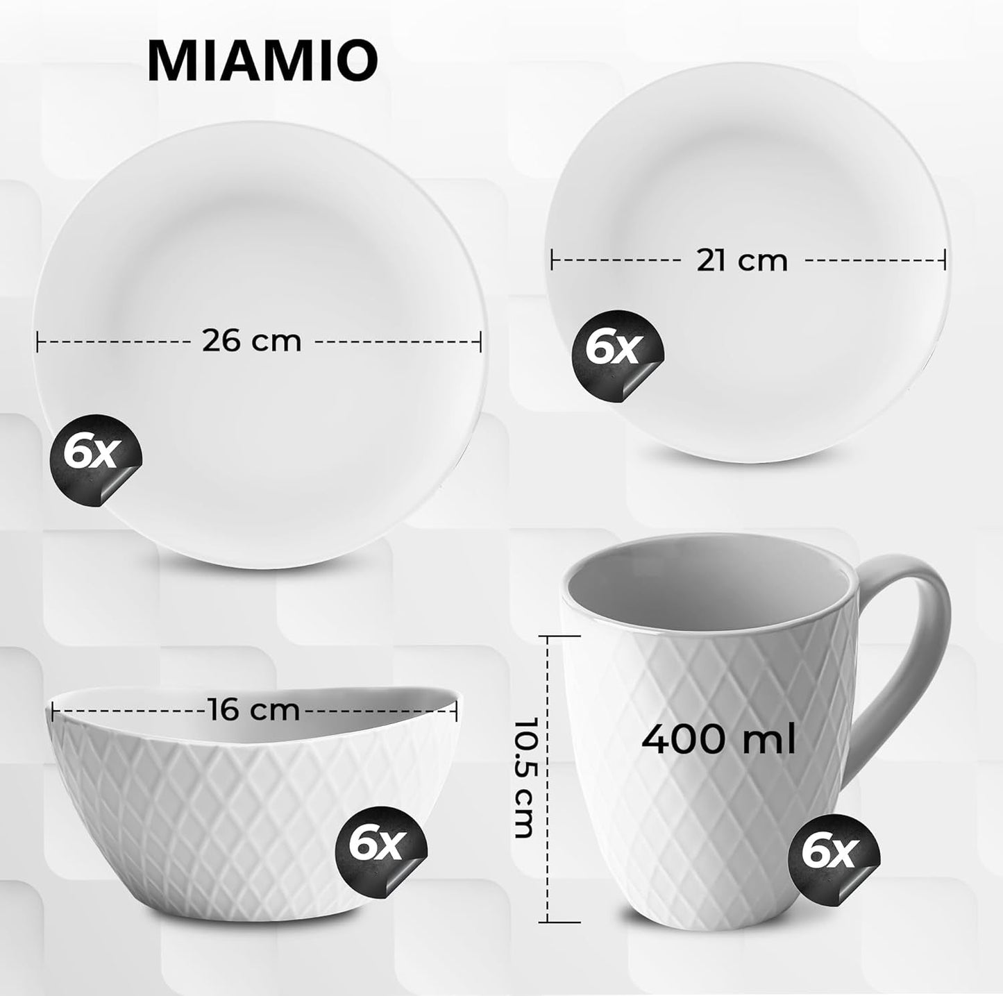 MIAMIO – Keramická sada nádobí, 24 kusů, kombinovaný servis pro 6 – vhodné do myčky a mikrovlnné trouby – kolekce Palmanova (bílá)