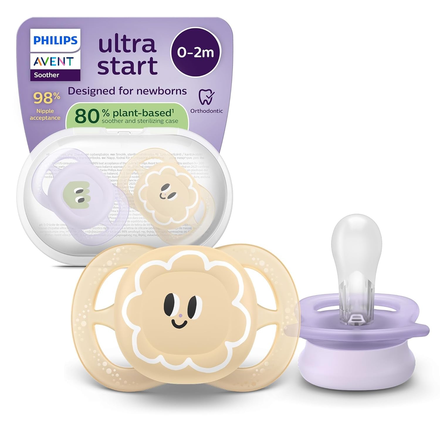 Noční dudlík Philips AVENT Ultra Start, ortodontický dudlík pro novorozence, zářící ve tmě, bez BPA, se sterilizační nádobkou, dvojité balení, měsíc, hvězda, SCF075/07
