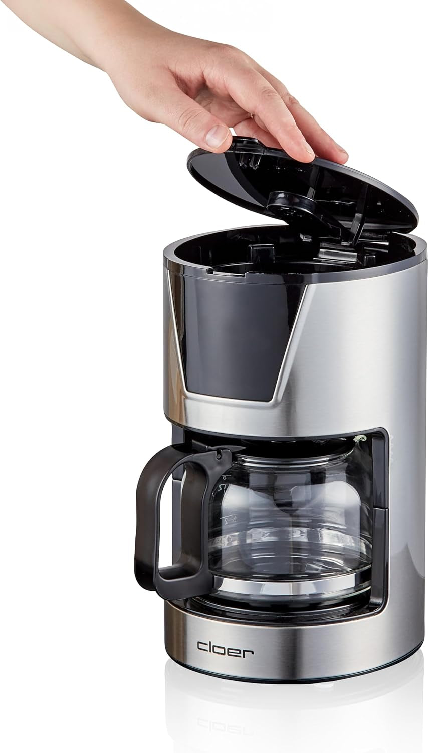 Filtr na espresso na 6 šálků Cloer, funkce jemného udržování teploty, skleněná karafa, odměrka, ukazatel hladiny vody, systém proti odkapávání, automatické vypínání, velikost filtru 1x2, 550 W, nerezová ocel