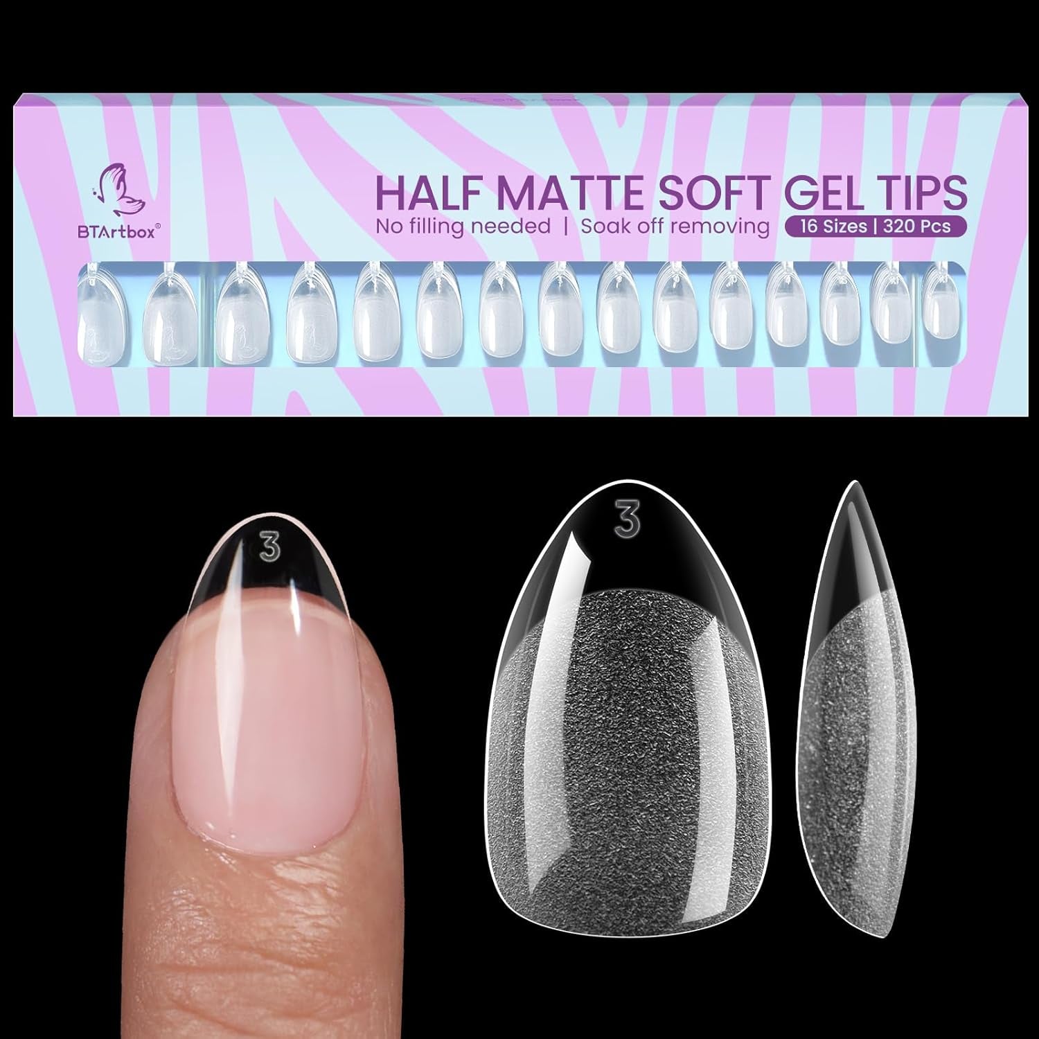 Btartbox Extra krátké mandlové špičky na nehty - Full Cover Gel X Soft XS Gelové špičky - Předtvarované polomatné pro široké nehty Salon 320 ks