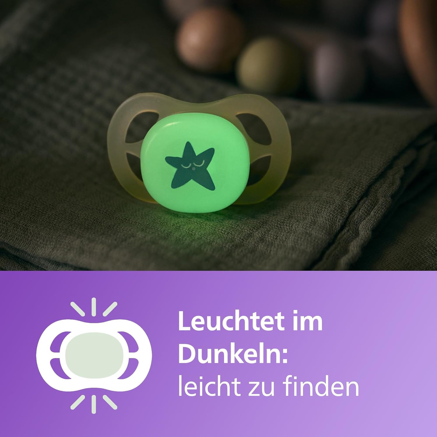 Noční dudlík Philips AVENT Ultra Start, ortodontický dudlík pro novorozence, zářící ve tmě, bez BPA, se sterilizační nádobkou, dvojité balení, měsíc, hvězda, SCF075/07
