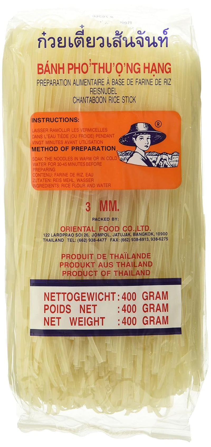 Rýžové nudle – thajské, 3mm široké nudle z rýžové stuhy, vyrobené z rýžové mouky – 17 x 400g