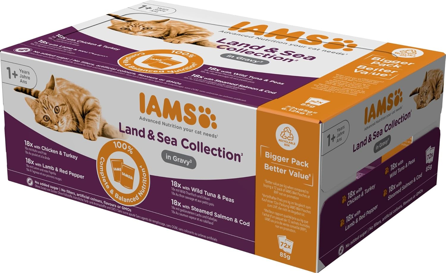 IAMS Delights Land & Sea Collection Mokré krmivo pro kočky - Sortiment masa a ryb Multipack v omáčce, mokré krmivo pro kočky od 1 roku, 72 x 85 g