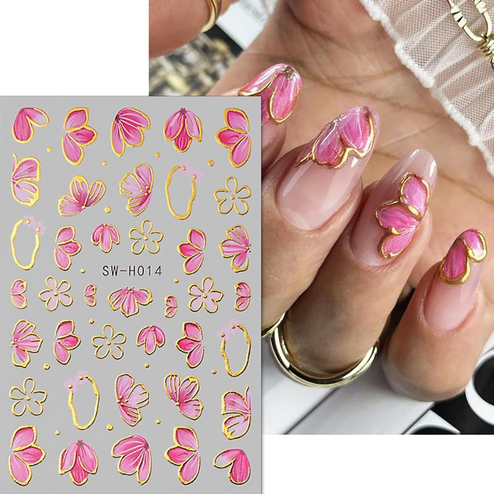 Zlatá Linie Schieber Rosa Samolepka na nehty Blumen 3D Květina Samolepka na nehty Sakura Blütenblätter Blumen Nagelaufkleber Frühling Summer Floral Nagel Sticker Květiny Samolepky na nehty Nageldesign Zubehör Nail Art