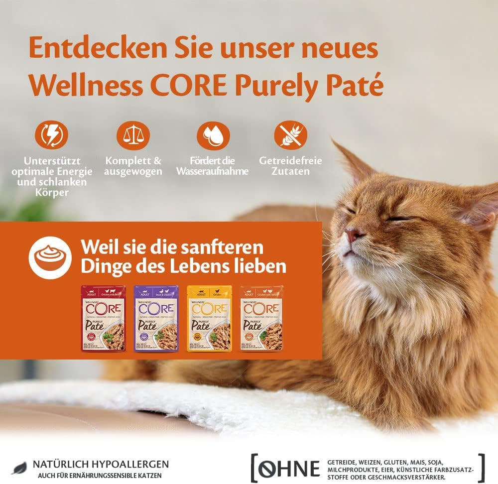 Wellness CORE Purely Paté 24 x 85 g, kuře a krůta - Mokré krmivo pro kočky, jemná paštika, bez obilovin, přírodní, hypoalergenní, s vysokým obsahem bílkovin, s vysokým obsahem masa