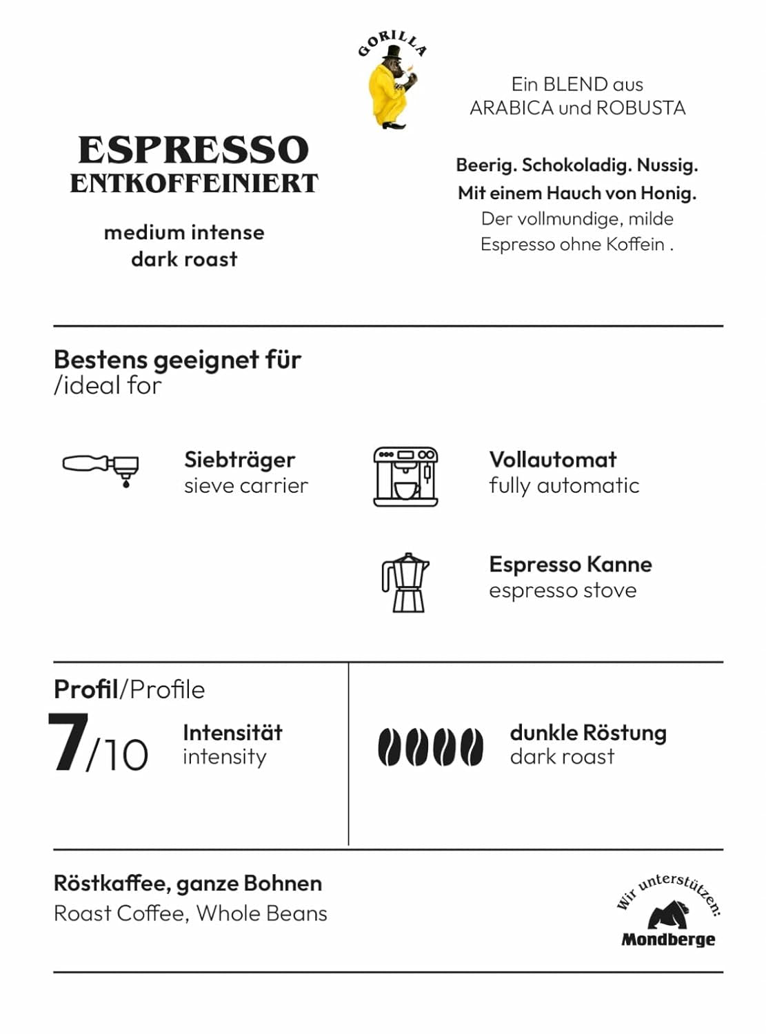 Espresso GORILLA 1000g bez kofeinu, celá zrna