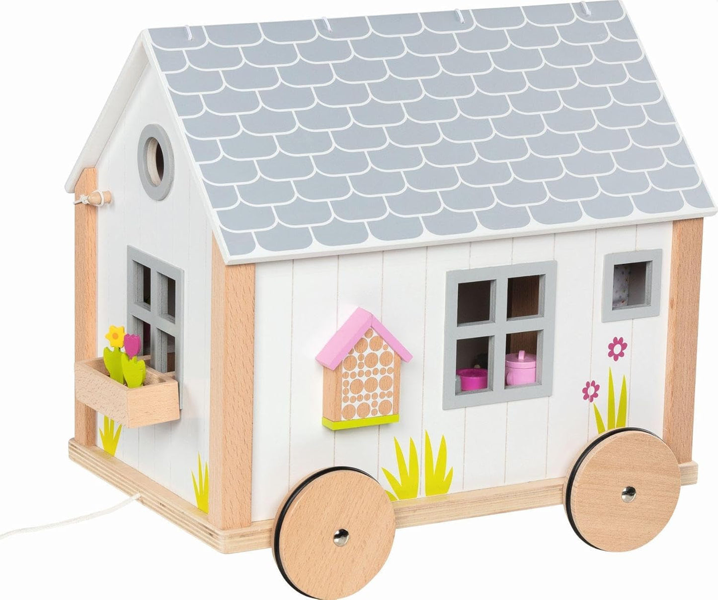Goki 51477 - Malý Hygge dřevěný a textilní domeček pro mini panenky, pojízdný domeček pro panenky ve skandinávském stylu, 38 cm x 27 cm x 33 cm, sada 40 let, domečky pro panenky od 3 let Naty Shop