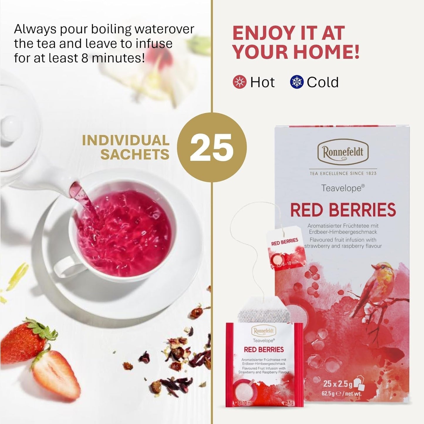 Teavelope "Red Berries" - ovocný čaj s příchutí jahod a malin, 25 čajových sáčků, 62,5 g