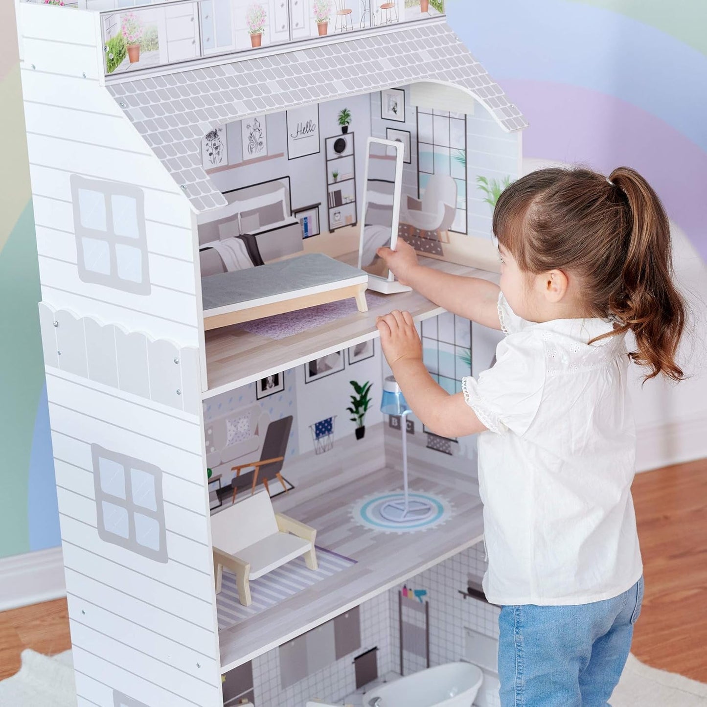 Obří domeček pro panenky Teamson Kids Olivia's Little World s nábytkem a doplňky, dřevěný domeček pro panenky, 3patrová herní sada pro panenky 30 cm, věk 3+