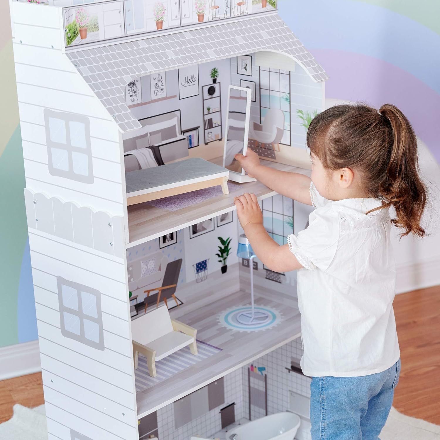 Obří domeček pro panenky Teamson Kids Olivia's Little World s nábytkem a doplňky, dřevěný domeček pro panenky, 3patrová herní sada pro panenky 30 cm, věk 3+