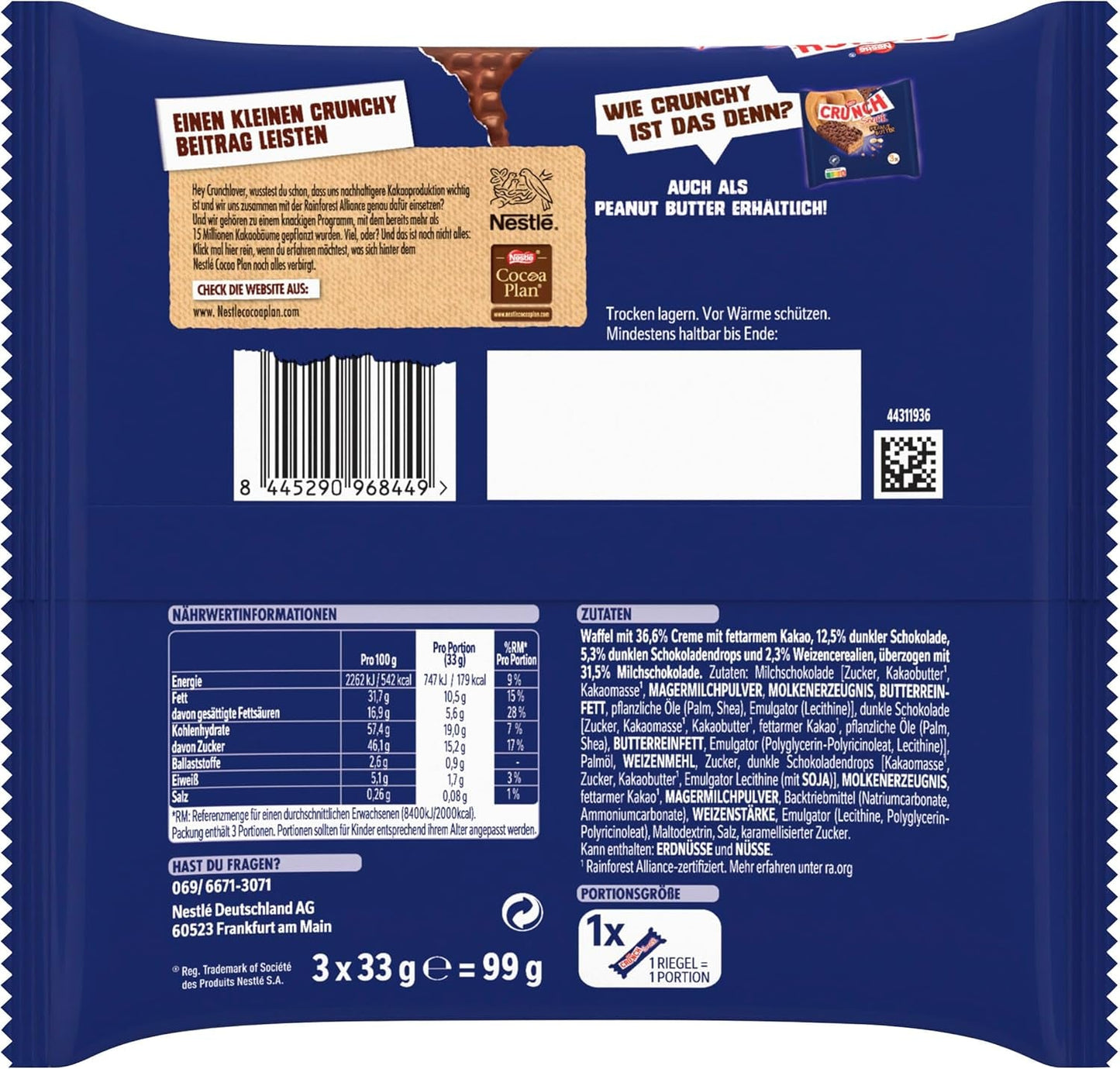 Nestlé CRUNCH mléčná tyčinka, křupavá čokoládová tyčinka s mléčnou čokoládou a cereáliemi, 1 balení (3 x 33 g)