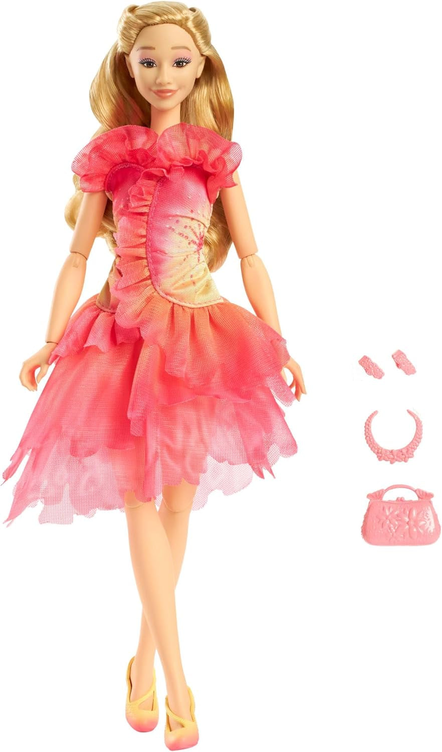 Módní panenka Mattel Wicked Glinda a doplňky s blond vlasy, různými možnými pozicemi a odepínatelnými plesovými šaty, HXT63