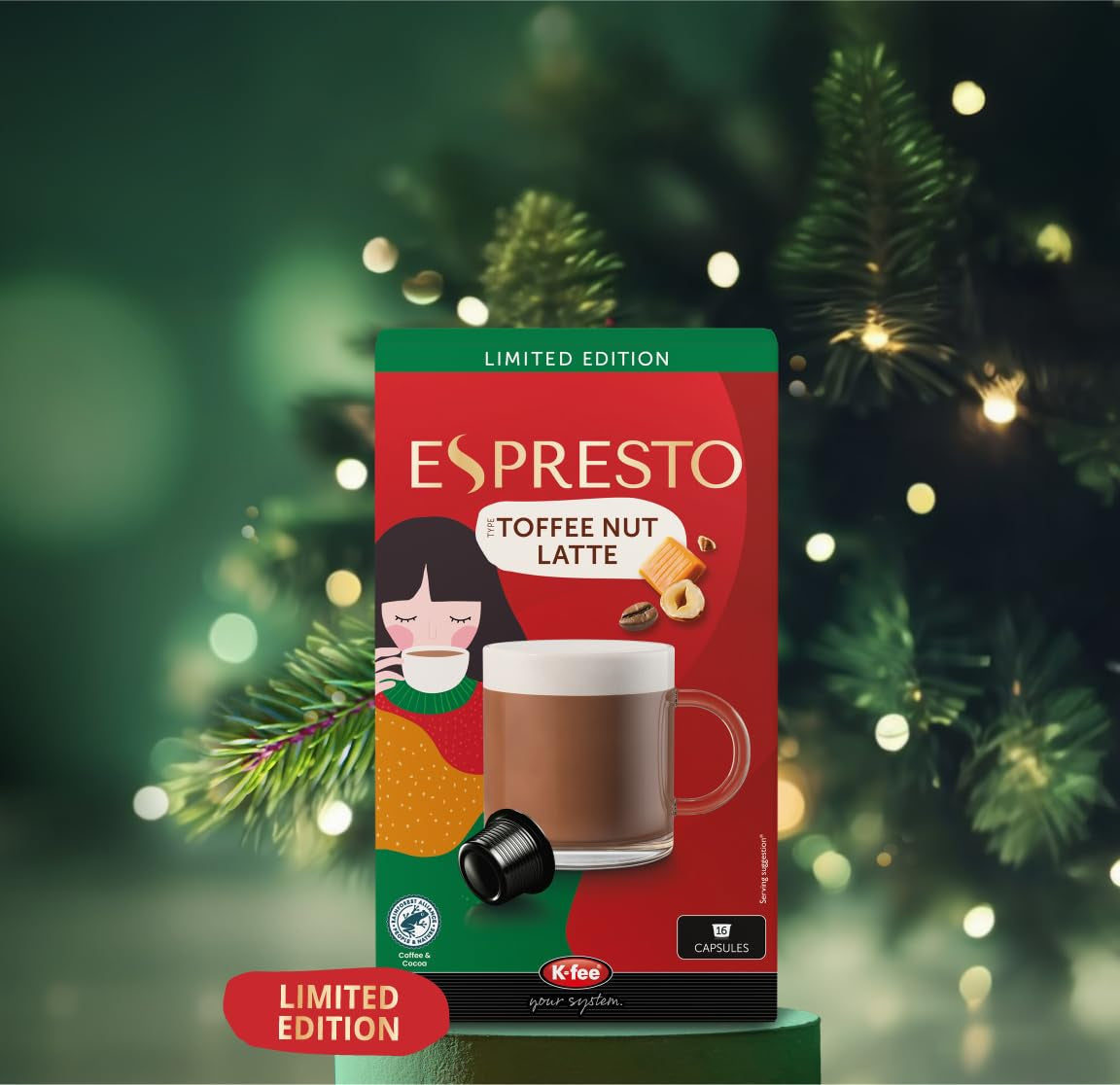 ESPRESTO Toffee Nut Latte, kompatibilní s K-fee & ALDI EXPRESSI*, ochucená mléčná káva, certifikace RFA, 96 kapslí