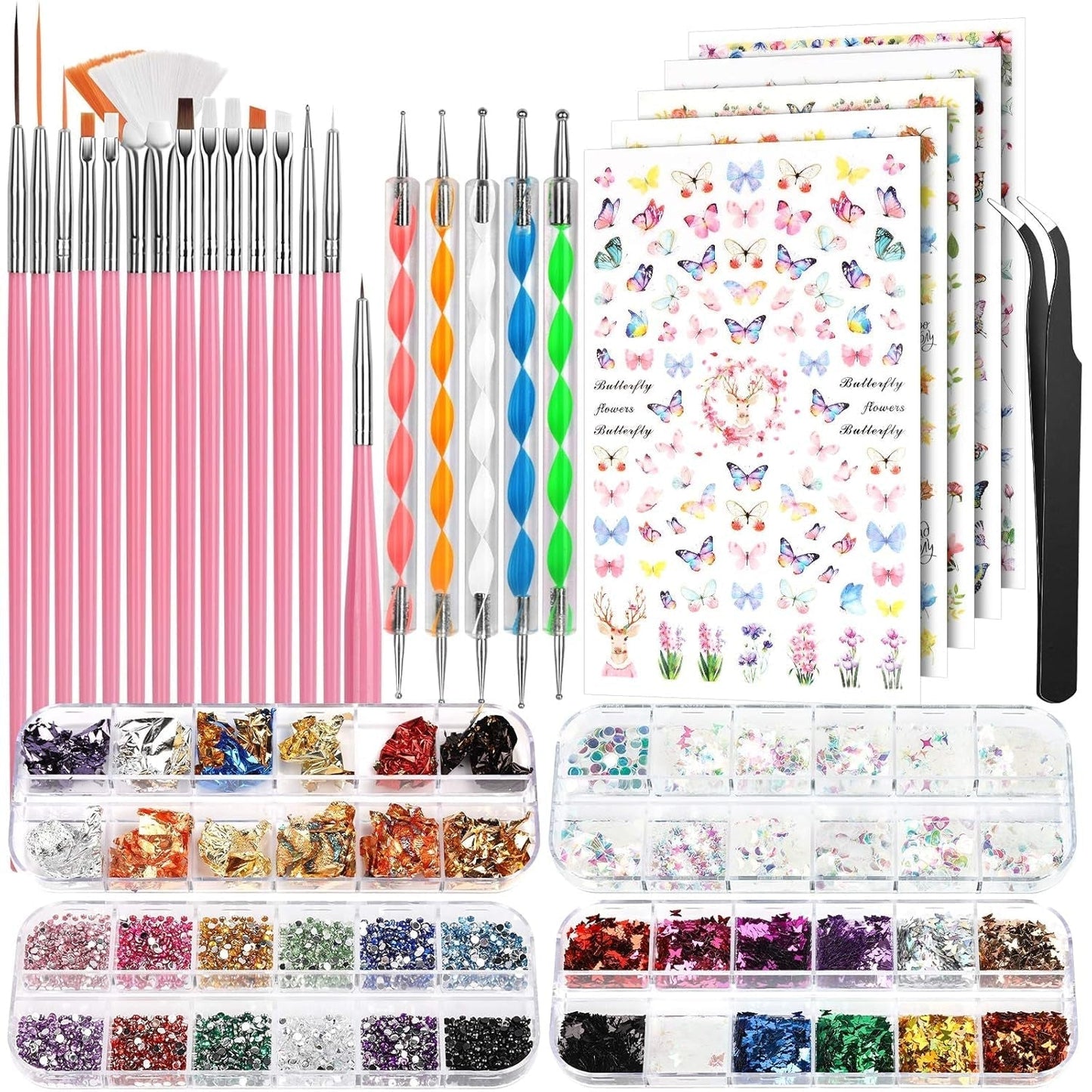 FANDAMEI Pinsel Für Gelnägel, 15 ks Nagel Pinsel, 5 Blätter Nagel Sticker, Strasssteine ​​Nägel, Nageldesign Set, Nageldesign Zubehör, Nail Art Pinsel Set, Nailart Pinsel Und Dekorationen Set