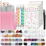 FANDAMEI Pinsel Für Gelnägel, 15 ks Nagel Pinsel, 5 Blätter Nagel Sticker, Strasssteine ​​Nägel, Nageldesign Set, Nageldesign Zubehör, Nail Art Pinsel Set, Nailart Pinsel Und Dekorationen Set