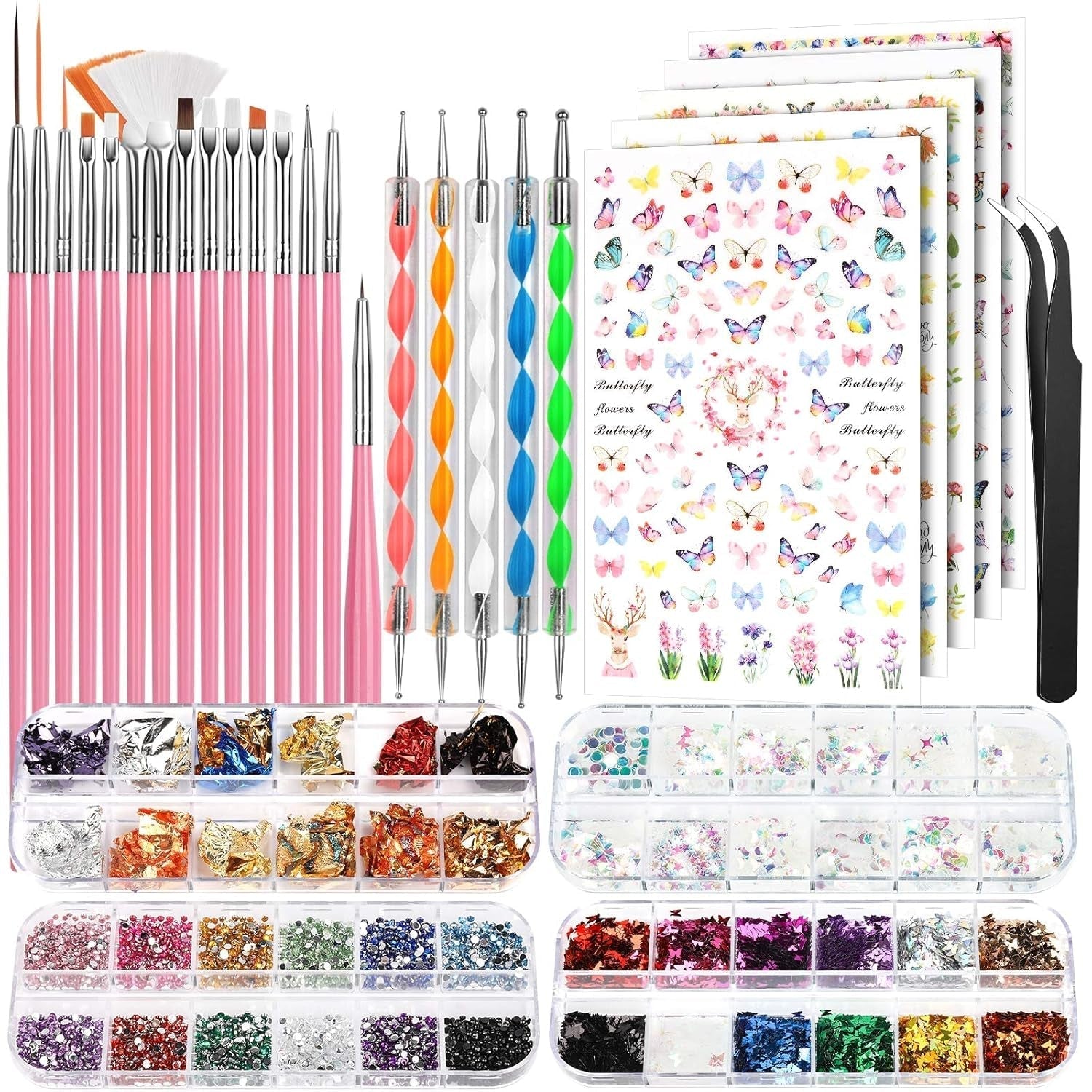 FANDAMEI Pinsel Für Gelnägel, 15 ks Nagel Pinsel, 5 Blätter Nagel Sticker, Strasssteine ​​Nägel, Nageldesign Set, Nageldesign Zubehör, Nail Art Pinsel Set, Nailart Pinsel Und Dekorationen Set